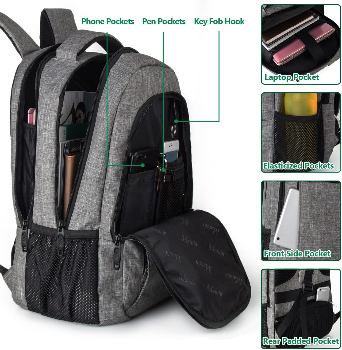 MATEIN Travel Laptop Backpack, Business Anti Theft Slim Sturdy Laptops Backpack with USB Charging Port, Water Resistant College School Computer Bag Gift for Men & Women Fits 15.6 Inch Notebook, Grey