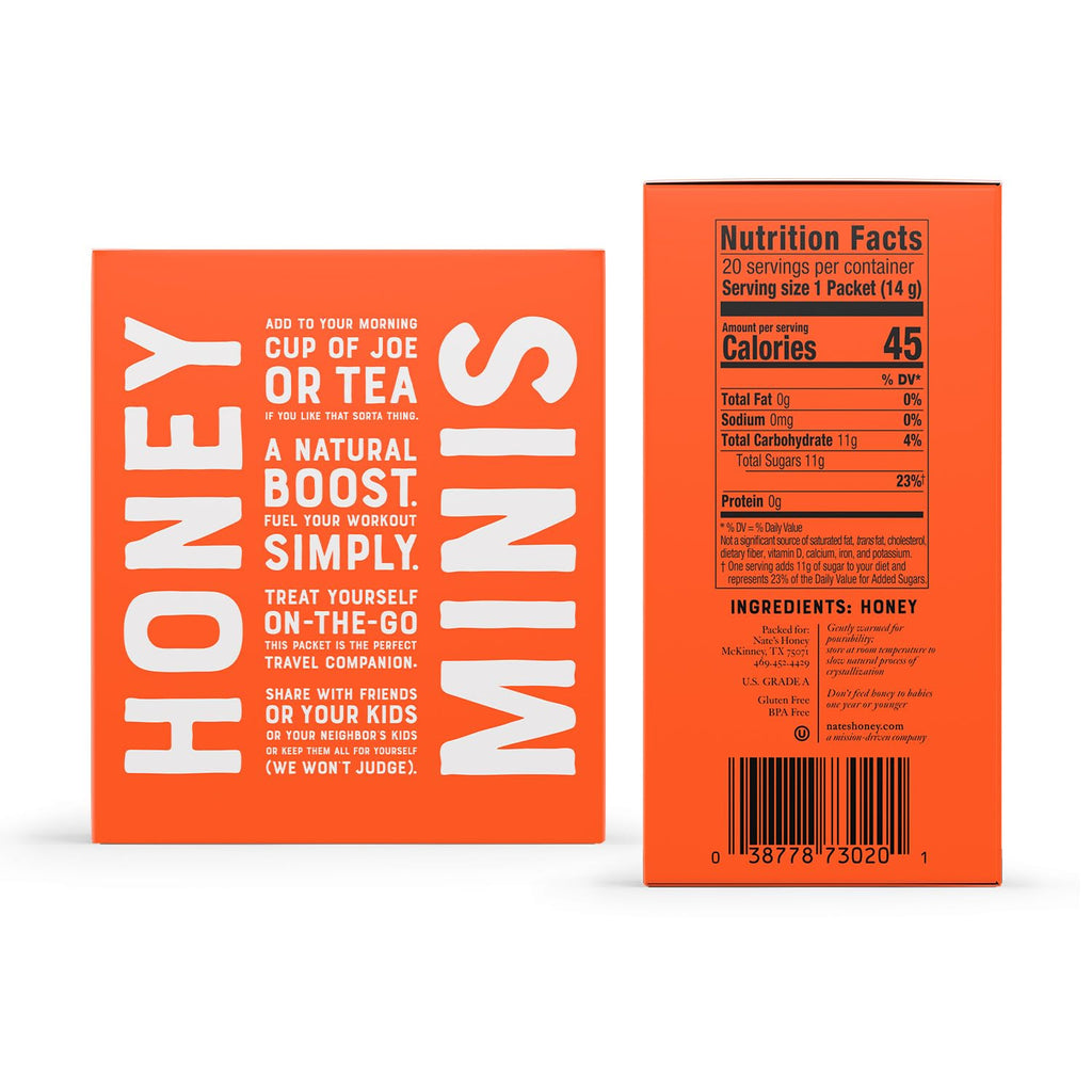 Nate's Honey Minis - Single-Serve 100% Pure, Raw & Unfiltered Honey - Holiday Stocking Stuffers - 0.49oz Packets, 20ct box