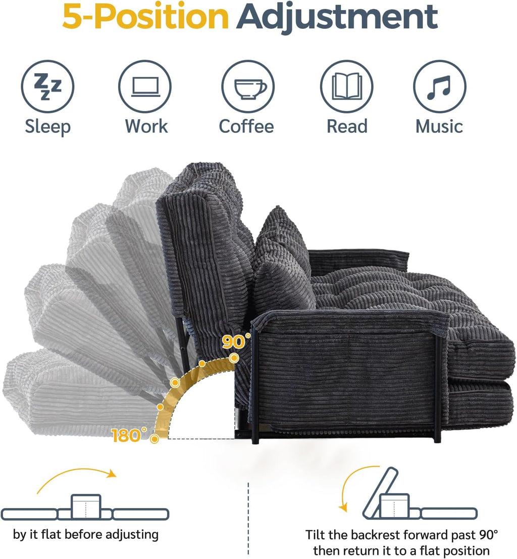 MAXYOYO Adjustable Floor Sofa Couch with 2 Pillows, Multi-Functional Bean Bag Bed, 5-Position Foldable Lazy Sofa Sleeper Bed with Armrest, Versatile Floor Seating for Reading, Dark Grey, Double