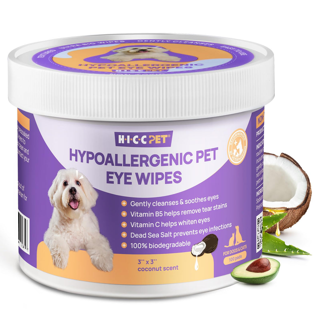 HICC PET Eyes Wipes for Dogs & Cats, Vet-Recommended Dog Eye Infection Treatment, Gently Remove Tear Stain, Debris, Discharge - Hypoallergenic Pet Eye Wash Cleaner for Eyes, Wrinkle, Face - 100pcs