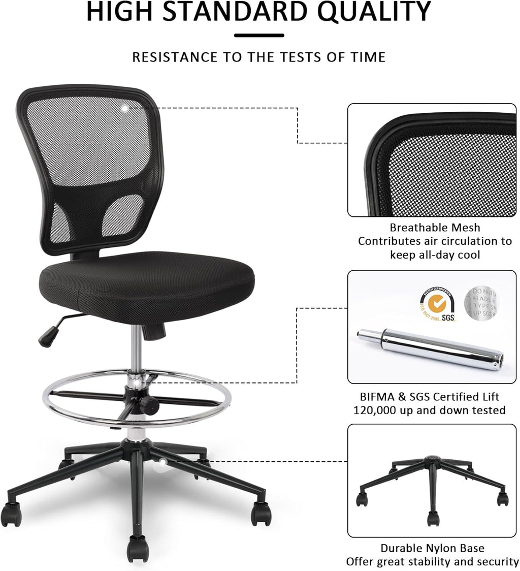 Armless Drafting Chair Tall Office Chair Adjustable Height High Back Ergonomic Desk Chair Drafting Stool Rolling Bar Stools Chairs with Footrest and Wheels