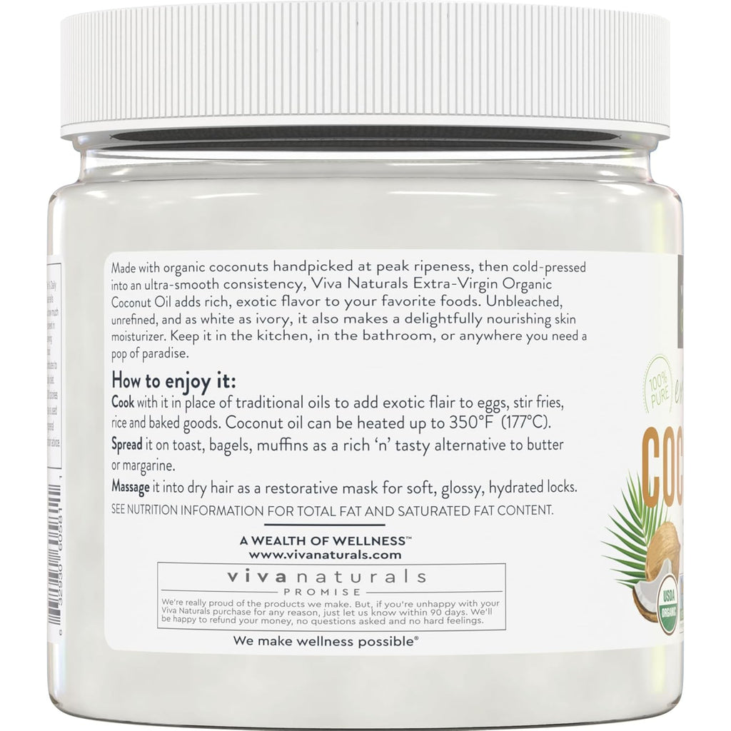 Viva Naturals Organic Coconut Oil, 16 fl oz – Unrefined, Cold-Pressed Extra Virgin Coconut Oil, USDA Organic & Non-GMO, Natural Cooking Oil, Hair Oil & Skin Oil