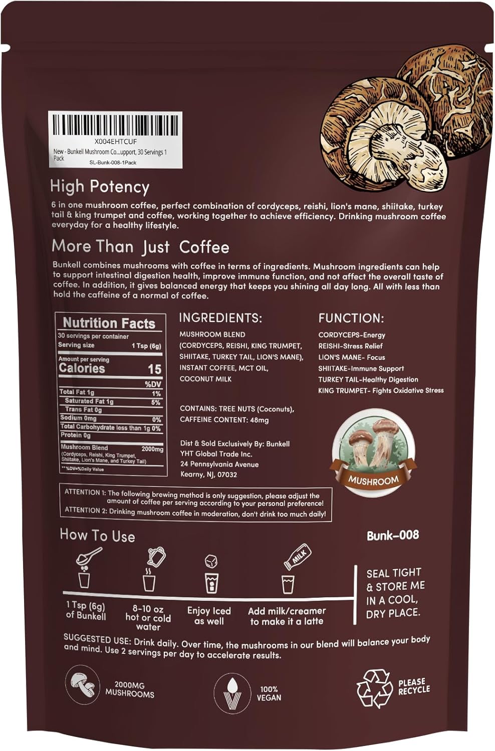 Mushroom Coffee, Adaptogenic 6 Mushrooms with Lion's Mane, Reishi, Cordyceps, Shiitake, King Trumpet & Turkey Tail, Instant Coffee Powder for Energy, Digestion & Immune Support, 30 Servings