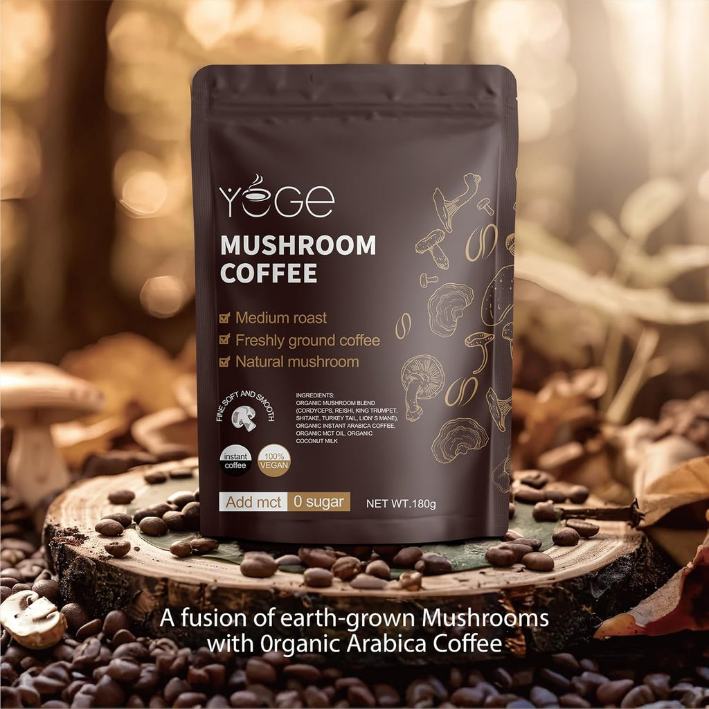 Mushroom Coffee, Instant Mushroom Coffee with Cordyceps, Reishi, King Trumpet, Shitake, Turkey Tail, Lions Mane for Energy, Focus, Positive Mood & Immune Support (30 Servings)