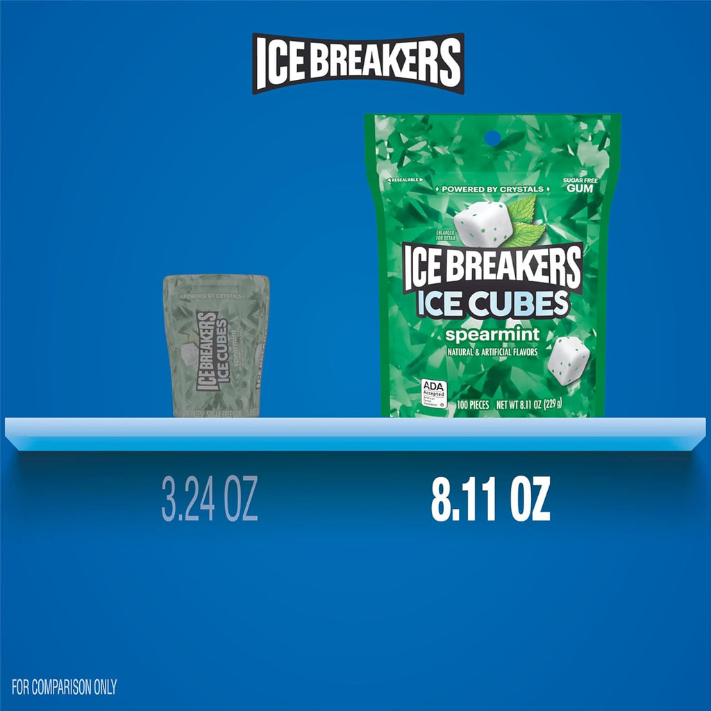 ICE BREAKERS Ice Cubes Spearmint Sugar Free Chewing Gum Pouch, 8.11 oz (100 Pieces)