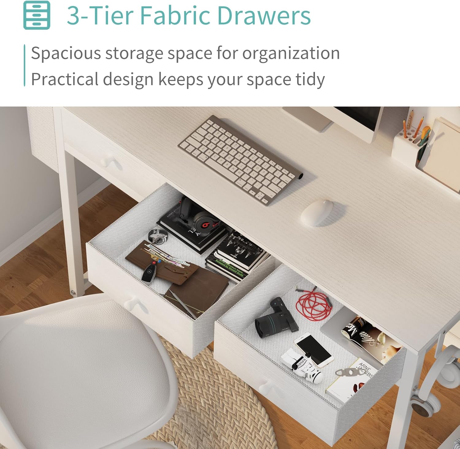 Lufeiya Small White Computer Desk with Fabric Drawers for Home Office Bedroom, 40 Inch Vanity Desk with Drawer Storage and Side Pouch, Study Writing Table, White