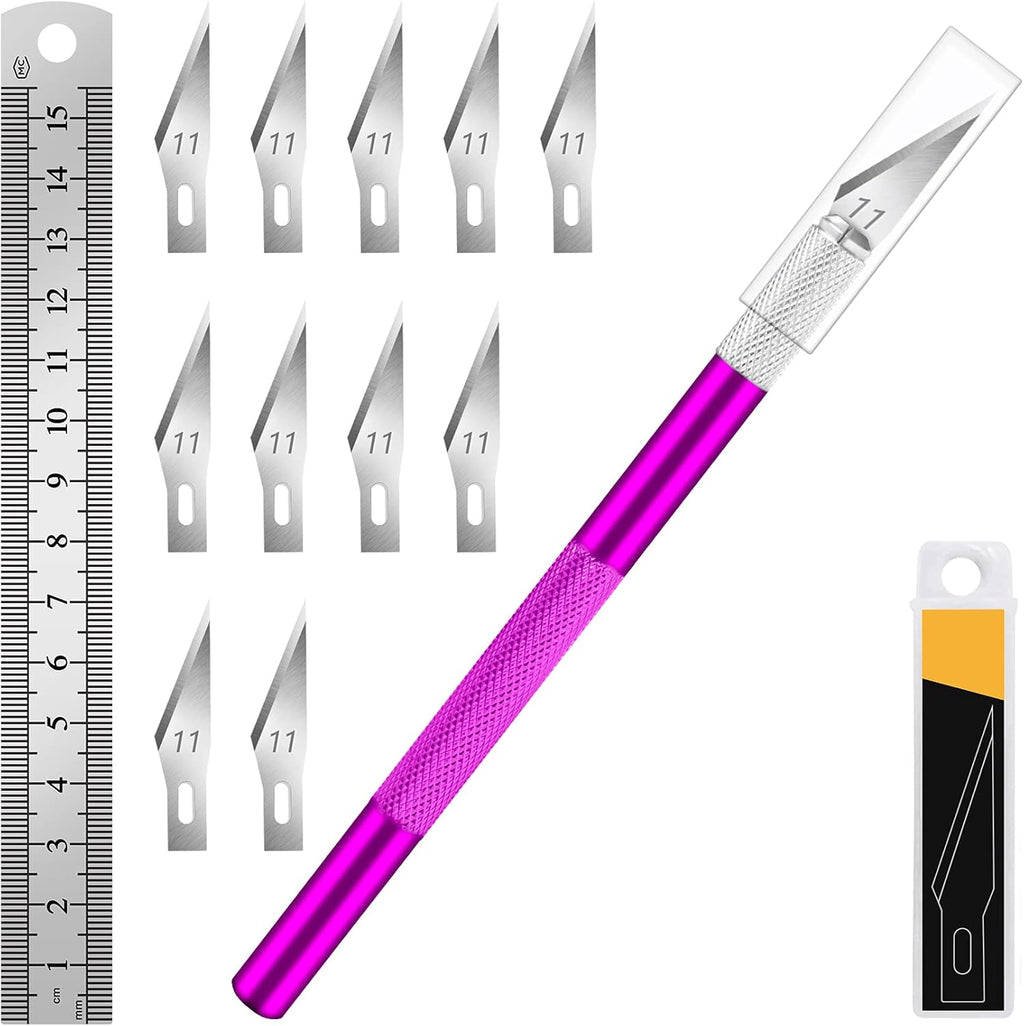 DIYSELF 1 Pcs Craft Knife Hobby Knife with 11 Pcs Stainless Steel Blade Kit, 1pcs Steel 15CM Ruler for Art, Scrapbooking, Stencil (Purple)