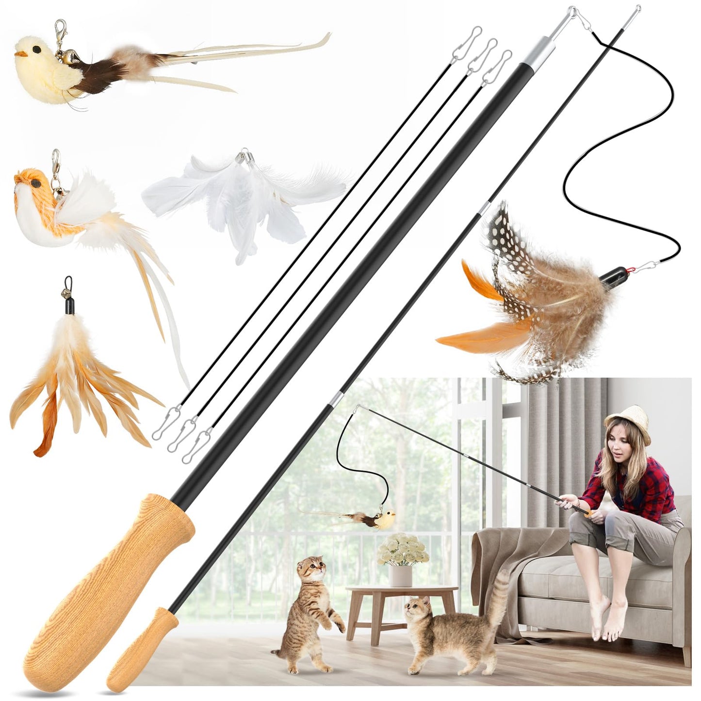 ROSAUI Cat Teaser Wand Toys, Interactive Bird Toys for Indoor Kittens, 42.15’’ Long Cat Fishing Pole Toys, 2Pcs Wires and 5Pcs Natural Refills, Sustainable Wooden Handles, Exercising, Playing