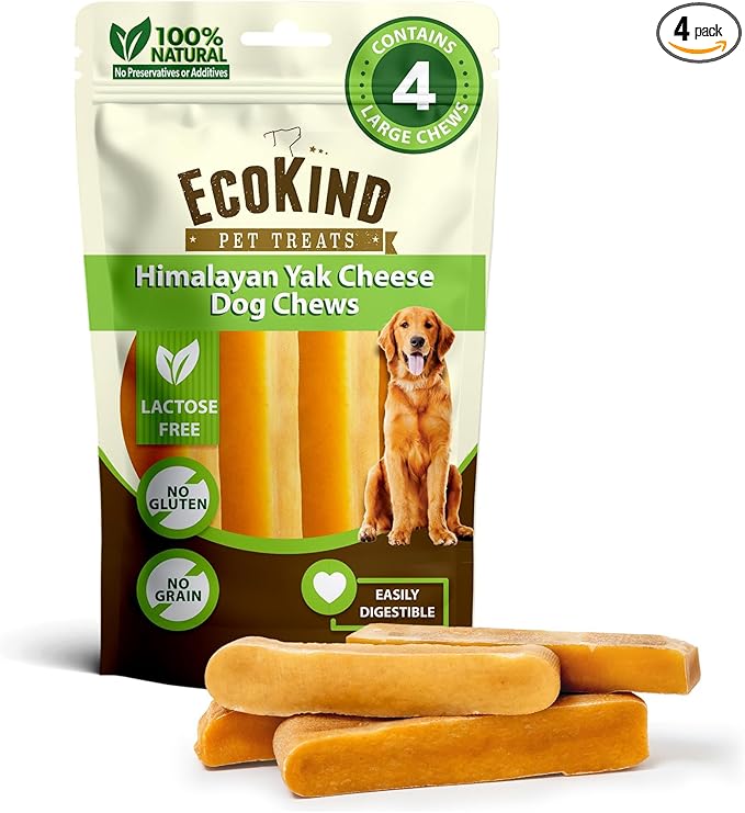 EcoKind Premium Gold Yak Cheese Himalayan Dog Chews, Dog Treats Large Breed, All Natural, High Protein, for Aggressive Chewers, Large - 4 Chews (1 lb)