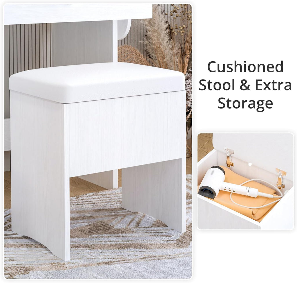 IRONCK Vanity Desk with LED Lighted Mirror & Power Outlet, Makeup Table with Drawers & Cabinet,Storage Stool, White