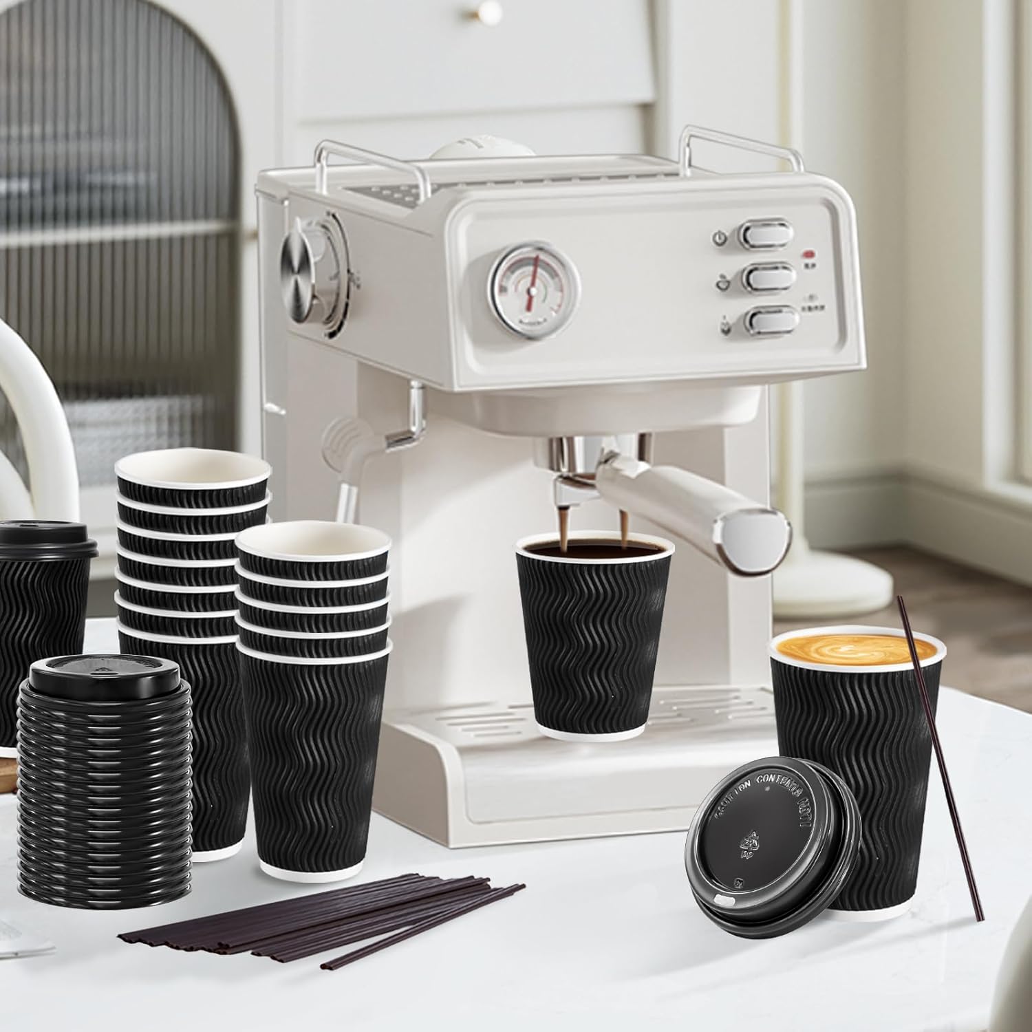 Lamosi 16 oz Disposable Coffee Cups with Lids, 50 Pack Insulated Hot Cups To Go Paper Coffee Cups with Lids and Straws, Corrugated Ripple Wall Cup for Hot Drink, Office, Coffee Bar (Black)