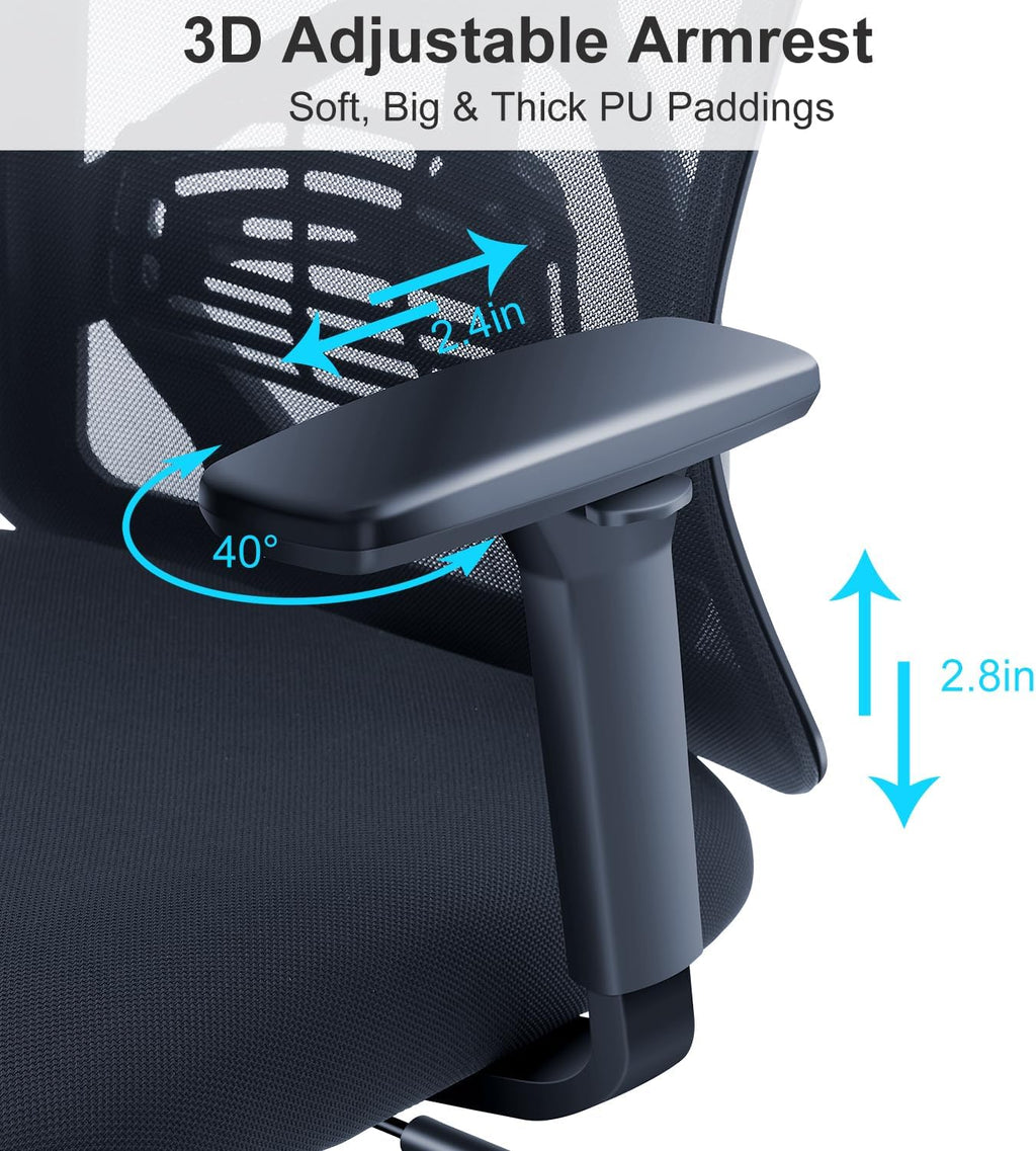 Ticova Ergonomic Office Chair - High Back Desk Chair with Adjustable Lumbar Support, Headrest & 3D Armrest