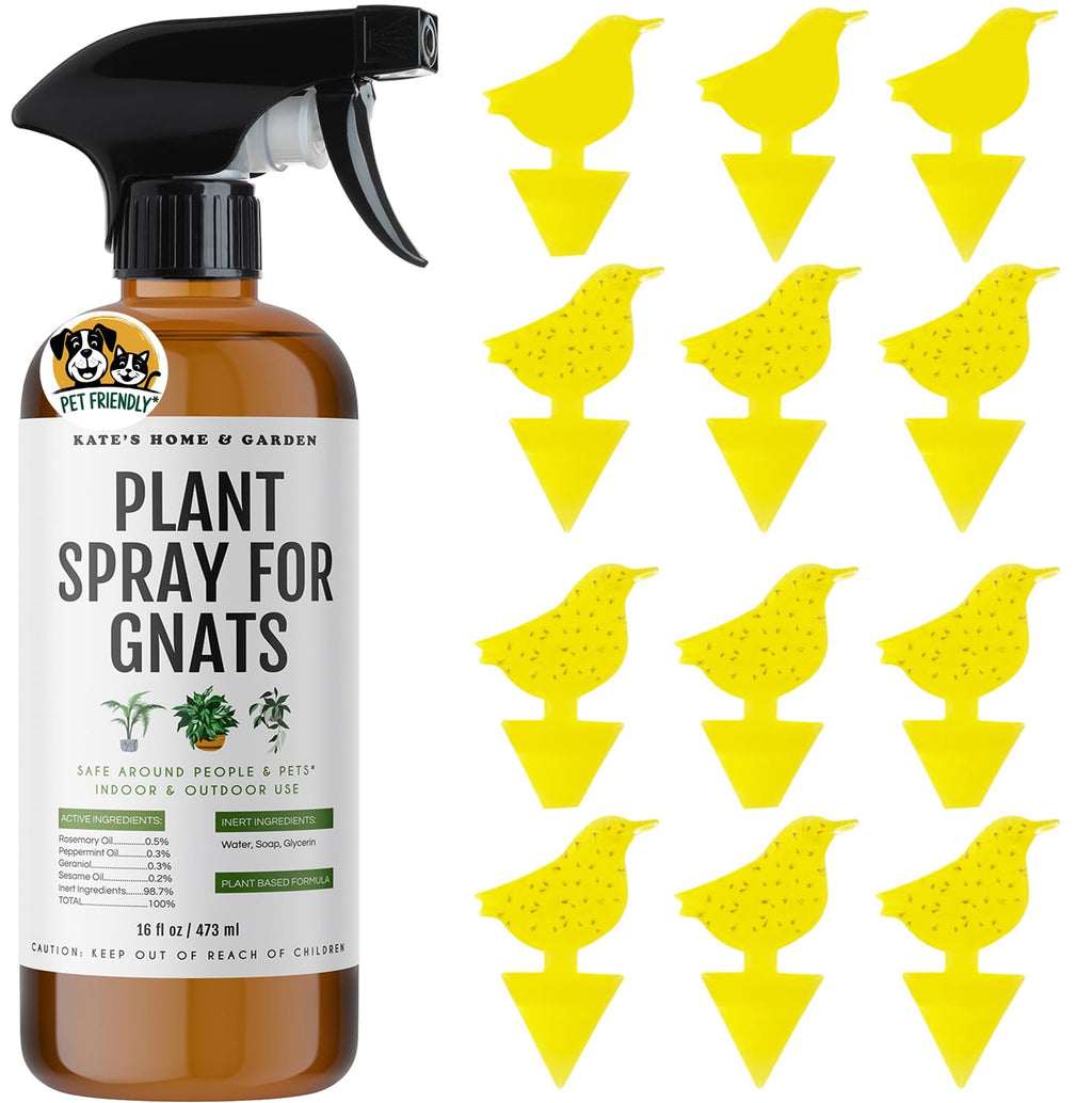 Kate's Home & Garden Plant Spray for Insects & Gnats, 12 Sticky Traps, 16oz | Pet Safe, Non Toxic, Peppermint Fungus Gnat Killer & Bug Spray for Indoor Plants