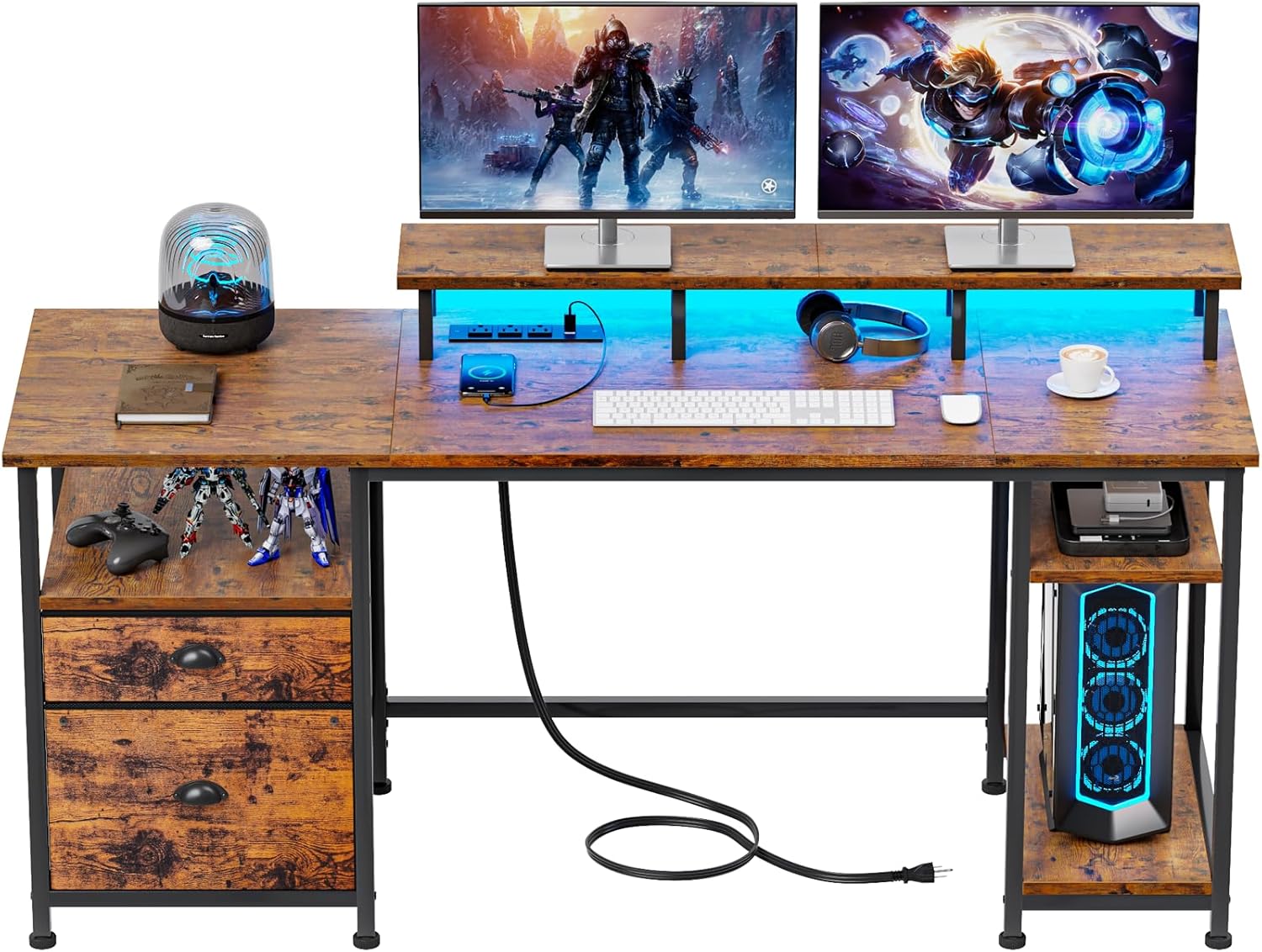 Furologee 61" Computer Desk with Power Outlet & LED Lights, Reversible Gaming Desk with File Cabinet & Monitor Stand for Home Office, Writing Study Table with Storage Shelves and Drawer, Rustic Brown
