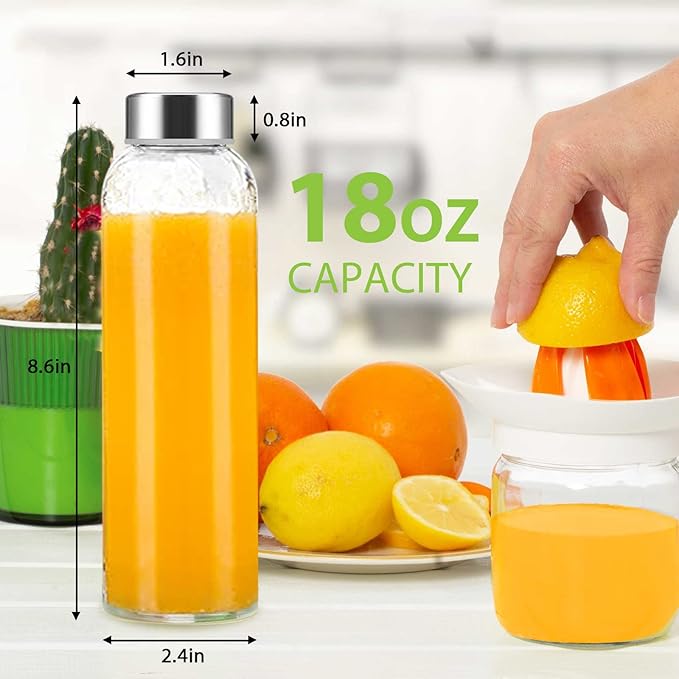 Clear Glass Bottles with Lids 18 oz, Reusable Glass Water Bottles with Stainless Steel Cap for Refrigerator, Juicing, 100% Leak Proof, BPA Free, Juice Bottle Drinking Jar Containers Set of 6