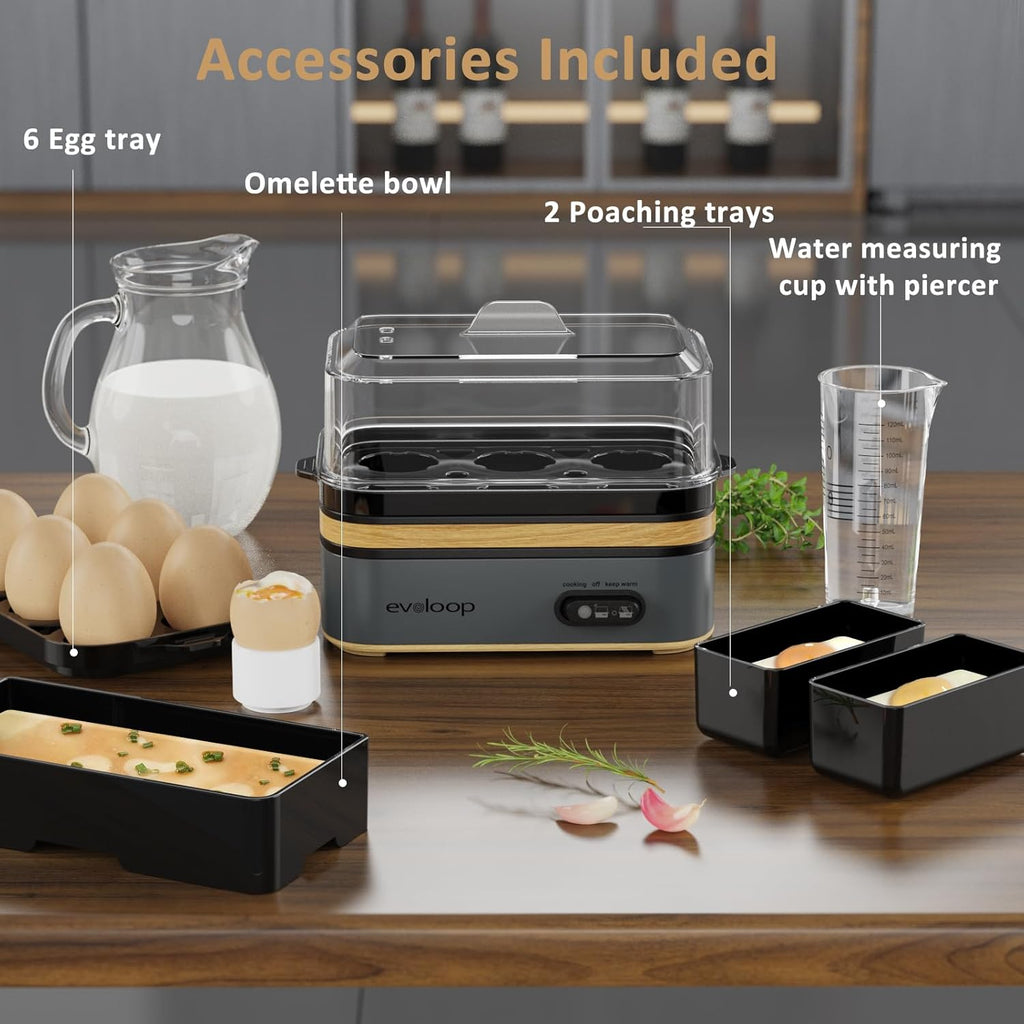Evoloop Rapid Egg Cooker Electric 6 Eggs Capacity, Soft, Medium, Hard Boiled, Poacher, Omelet Maker Egg Poacher With Auto Shut-Off, BPA Free
