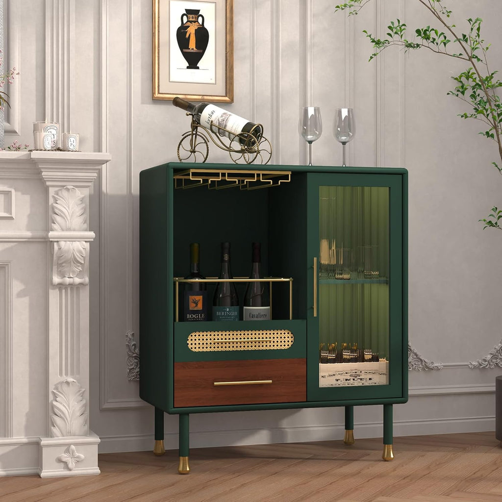 ARTPOWER Modern Coffee Bar Cabinet with Wine Glass Rack and Drawers, Green Liquor Cabinet with Pull-Out Wine Storage for Kitchen, Dining Room, Living Room