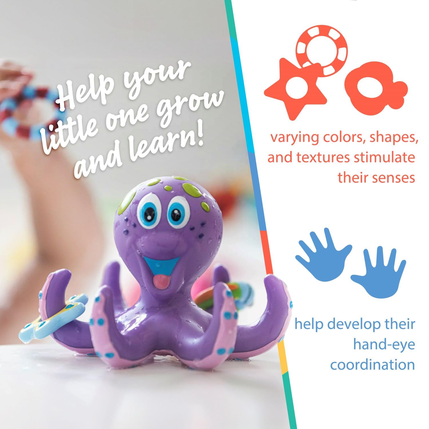 Nuby Floating Octopus with 3 Hoopla Rings - Baby & Toddler Bath Toy - No Hole Design Keeps Moisture Out - Fine Motor Skills - 18+ Months - Great Baby Pool Toys