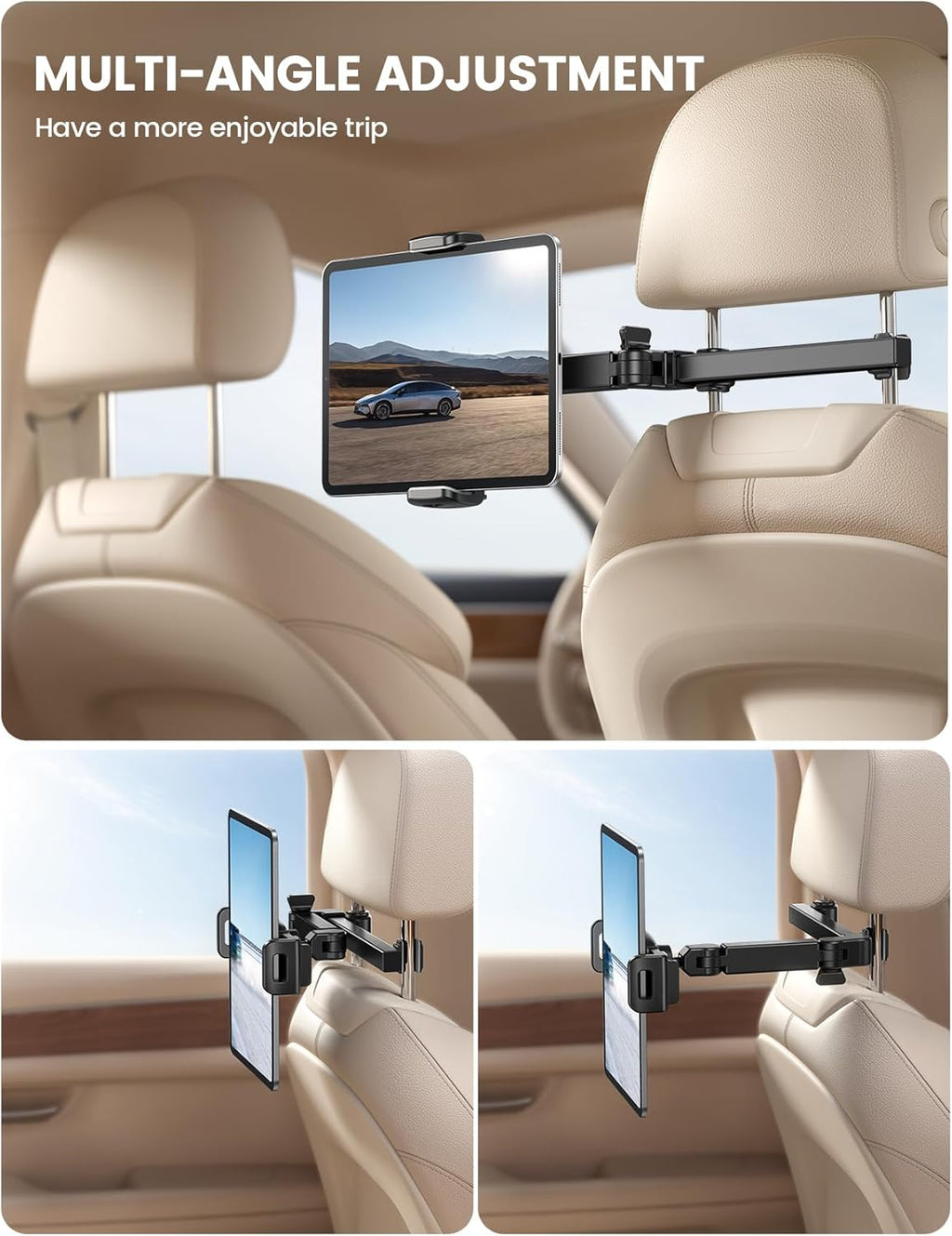 Lamicall Car Headrest Tablet Holder - [3 in 1 Extension Arm] Adjustable Tablet Car Mount for Back Seat, Road Trip Essentials for Kids, for 4.7-11" Device Like iPad Pro, Air, Mini, Galaxy, Fire, Black