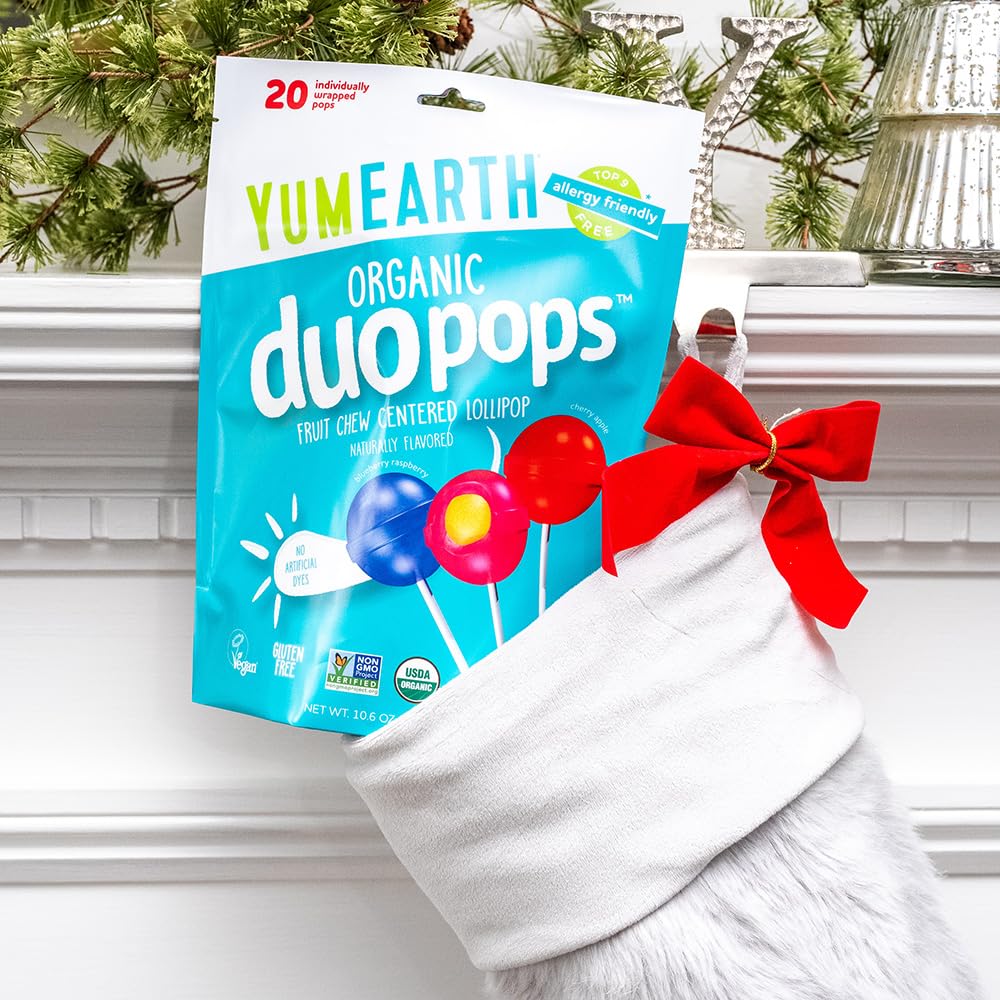YumEarth Organic Duo Pops, Lollipops with Fruit Chew Centers - Allergy Friendly (Top 9 Free), No Artificial Dyes, Non GMO, Gluten Free, Vegan Candy Snacks - Individually Wrapped Pops (20 Count (Pack of 1))