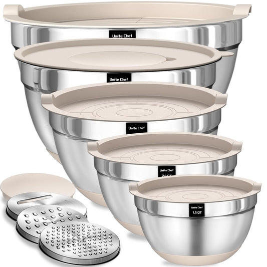 Umite Chef Mixing Bowls with Airtight Lids Set, 8PCS Stainless Steel Nesting Bowls with Grater Attachments, Non-Slip Bottoms, 5, 4, 3.5, 2, 1.5QT for Mixing & Serving