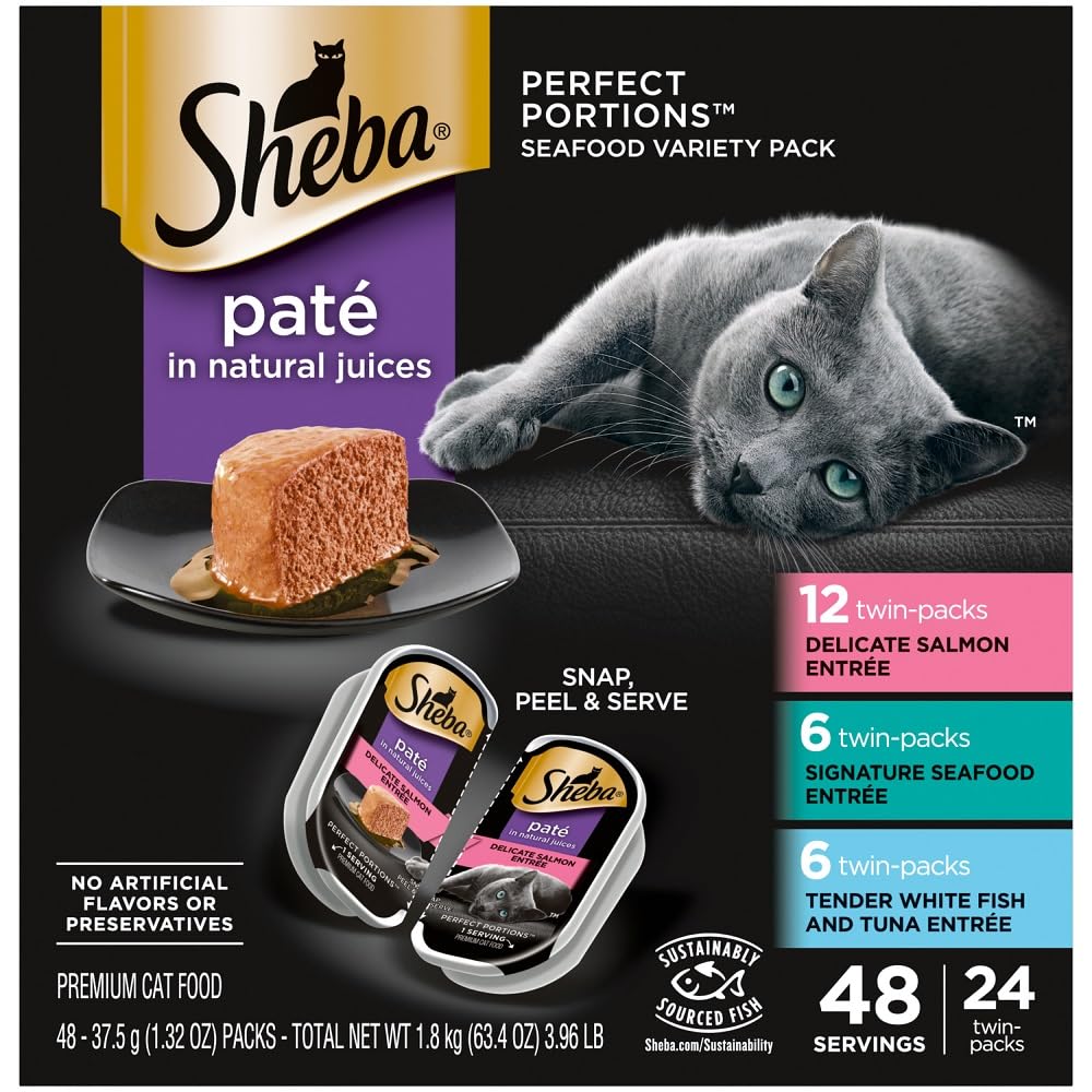 Sheba Perfect Portions Wet Cat Food Pate with Sustainable Salmon, Signature Seafood Entree, and Tender White Fish and Tuna Entree Variety Pack, 2.6 oz. Twin Pack Trays (24 Count, 48 Servings)