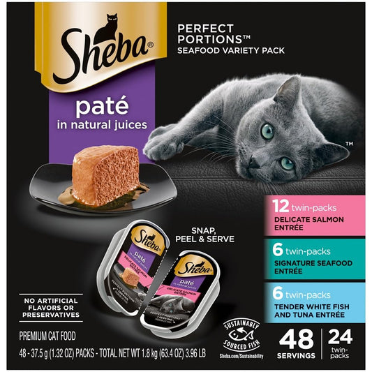 Sheba Perfect Portions Wet Cat Food Pate with Sustainable Salmon, Signature Seafood Entree, and Tender White Fish and Tuna Entree Variety Pack, 2.6 oz. Twin Pack Trays (24 Count, 48 Servings)