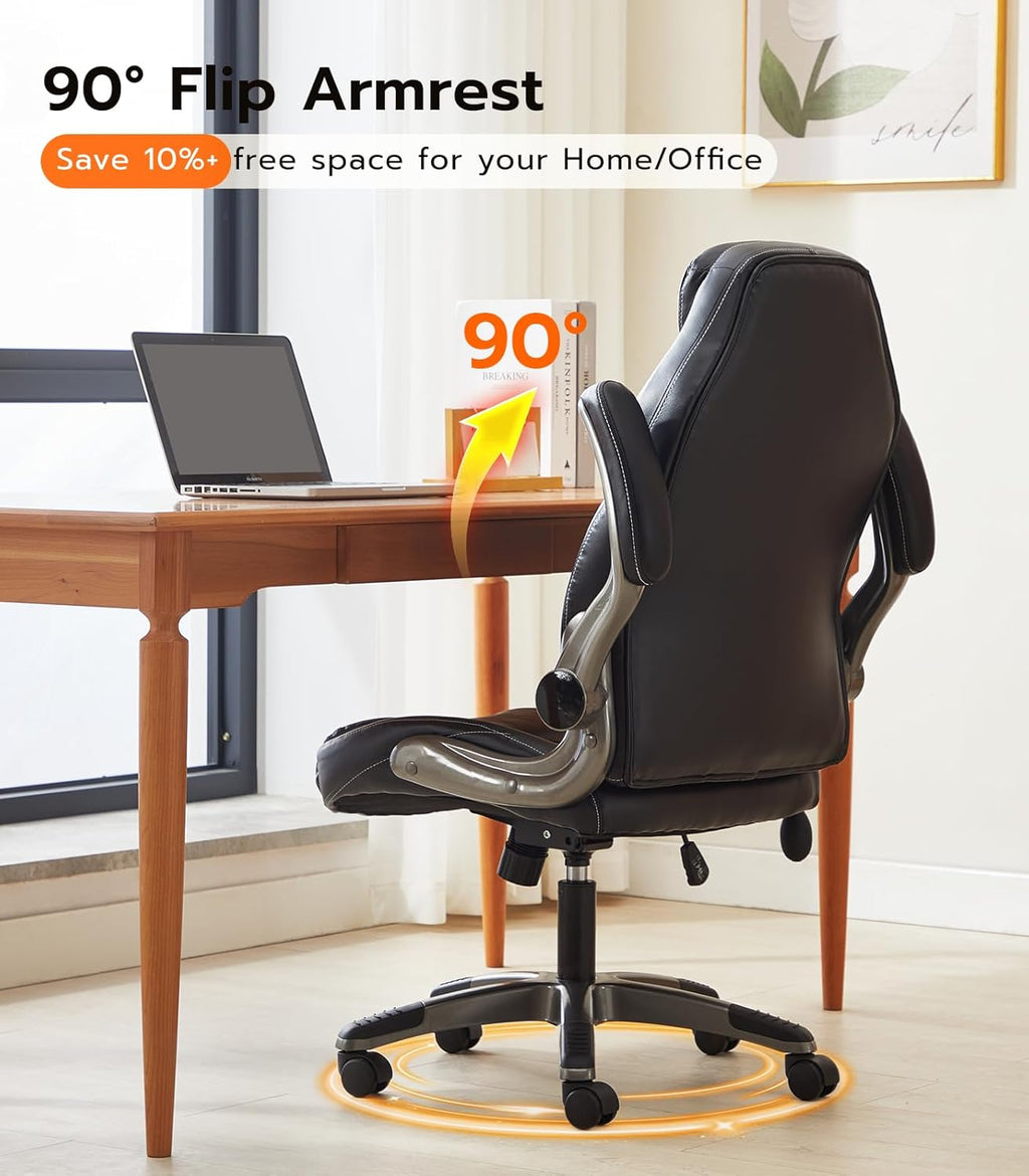 Office Desk Chair, Ergonomic Computer Chair with Padded Flip-Up Arms and Adjustable Lumbar Support, PU Leather Executive Chair with Tilt Lock and 360° Swivel Rolling Wheels for Work, Study