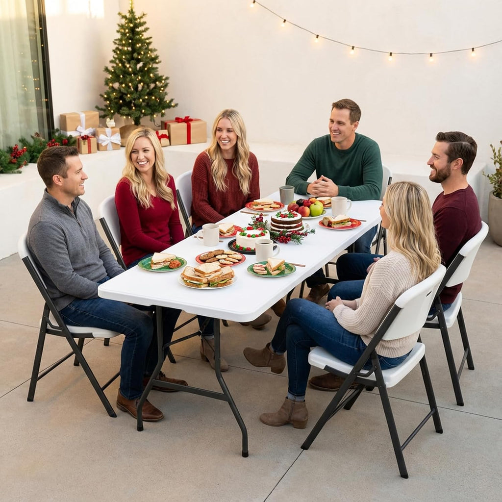 Folding Table 6FT HDPE 6 Foot Foldable Table Portable Banquet Surface Fold-in-Half Desk Utility for Working Meeting Parties, Picnic, Camping, Weddings, Catering, Garden Dining-White
