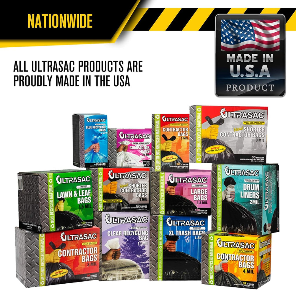 Ultrasac Contractor Bags 42 Gallon (20 PACK/w FLAP TIES), 32.75 x 44.5-3 MIL Thick Large Black Heavy Duty Industrial Garbage Trashbags for Professional Construction and Commercial use