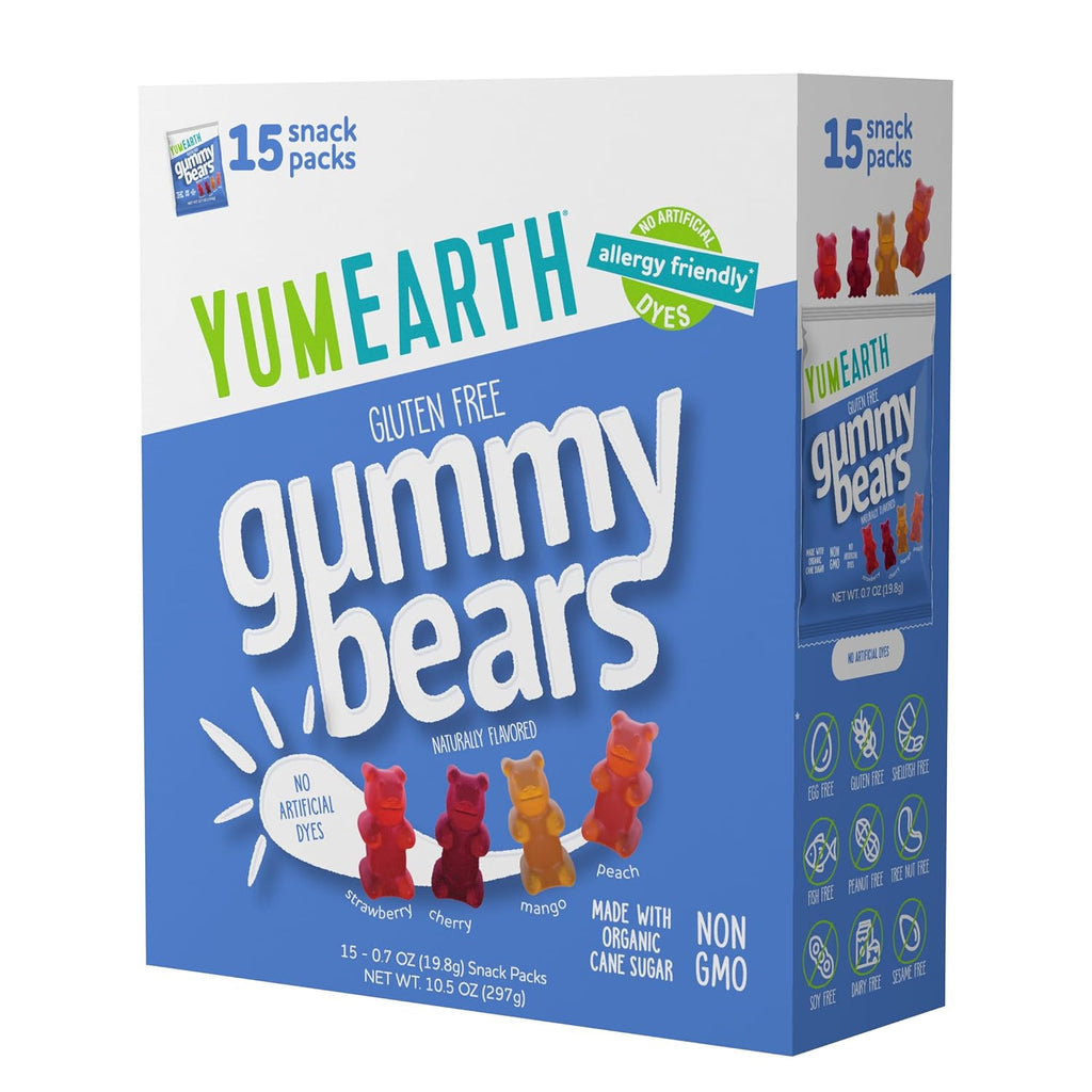 YumEarth Organic Gummy Bears - Fruity Gummy Candy Snack Packs, Gluten Free Snacks for Kids - Allergy Friendly, Non-GMO, No Artificial Dyes - Assorted Flavors, 10.5 oz. (Pack of 15)