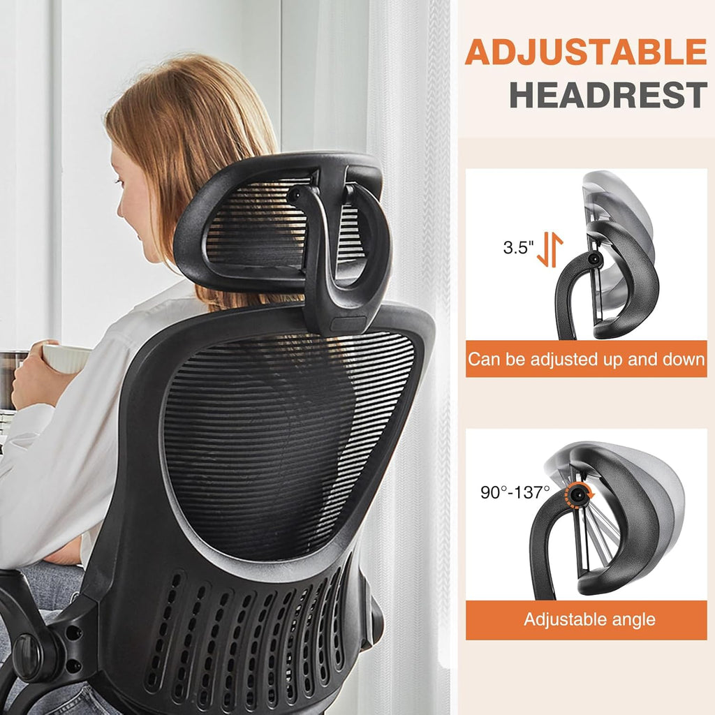 Sweetcrispy Office Computer Desk Chair, Ergonomic High-Back Mesh Rolling Work Chairs with Wheels and Adjustable Headrests, Comfortable Lumbar Support, Comfy Flip-up Arms for Home,Bedroom,Study, Black