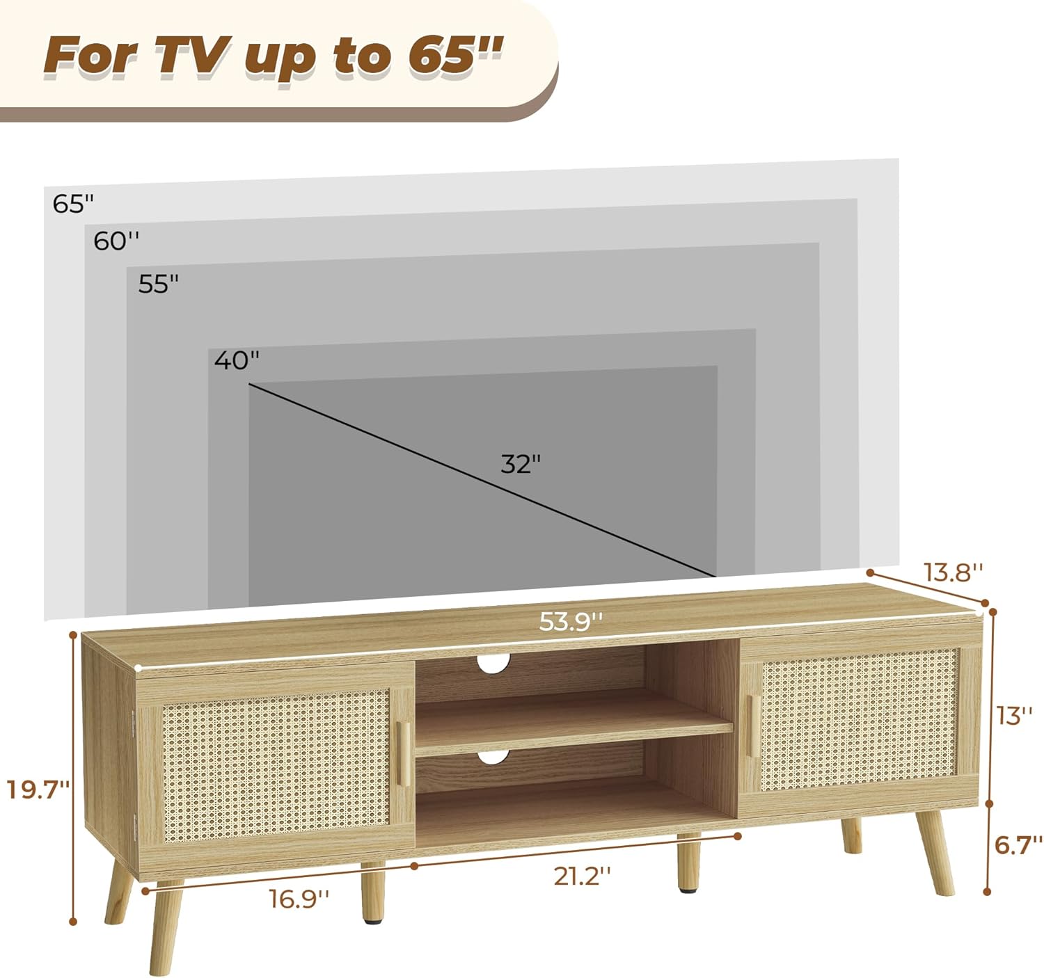 SUPERJARE Boho TV Stand for 65 Inch TV, Entertainment Center with Adjustable Shelf, Rattan TV Console with 2 Cabinets, Media Console, Solid Wood Feet, 4 Cord Holes, for Living Room - Natural, 8782T