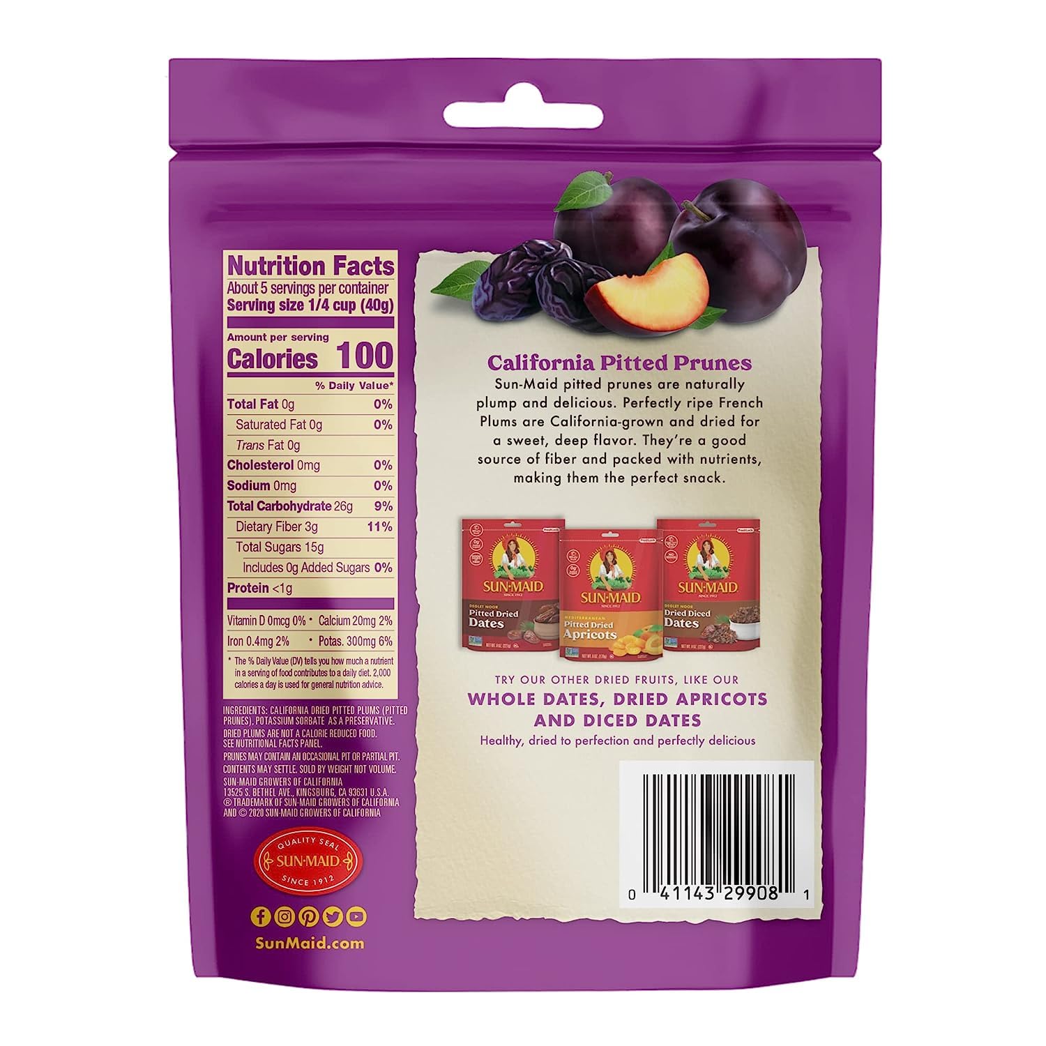 Sun-Maid California Sun-Dried Whole Pitted Prunes - (4 Pack) 7 oz Resealable Bag - Dried Plums - Dried Fruit Snack for Lunches, Snacks, and Natural Sweeteners