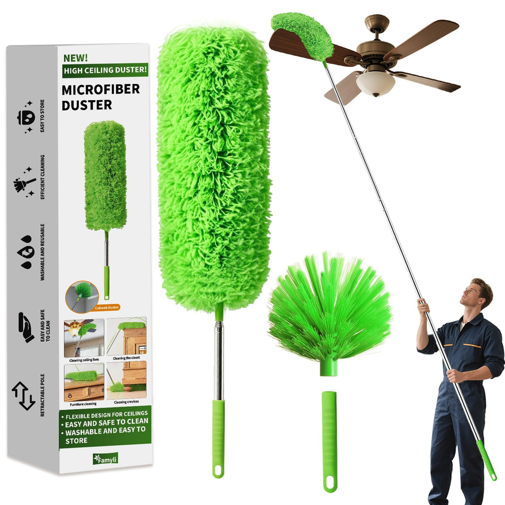 Cobweb Duster with Extension Pole, Washable Cleaning Duster Set with 2 Duster Heads, Corner Brush, 15-110-Inch Telescoping Pole for high Ceiling Fans, Long Duster for high Ceilings，Spider Web Brush
