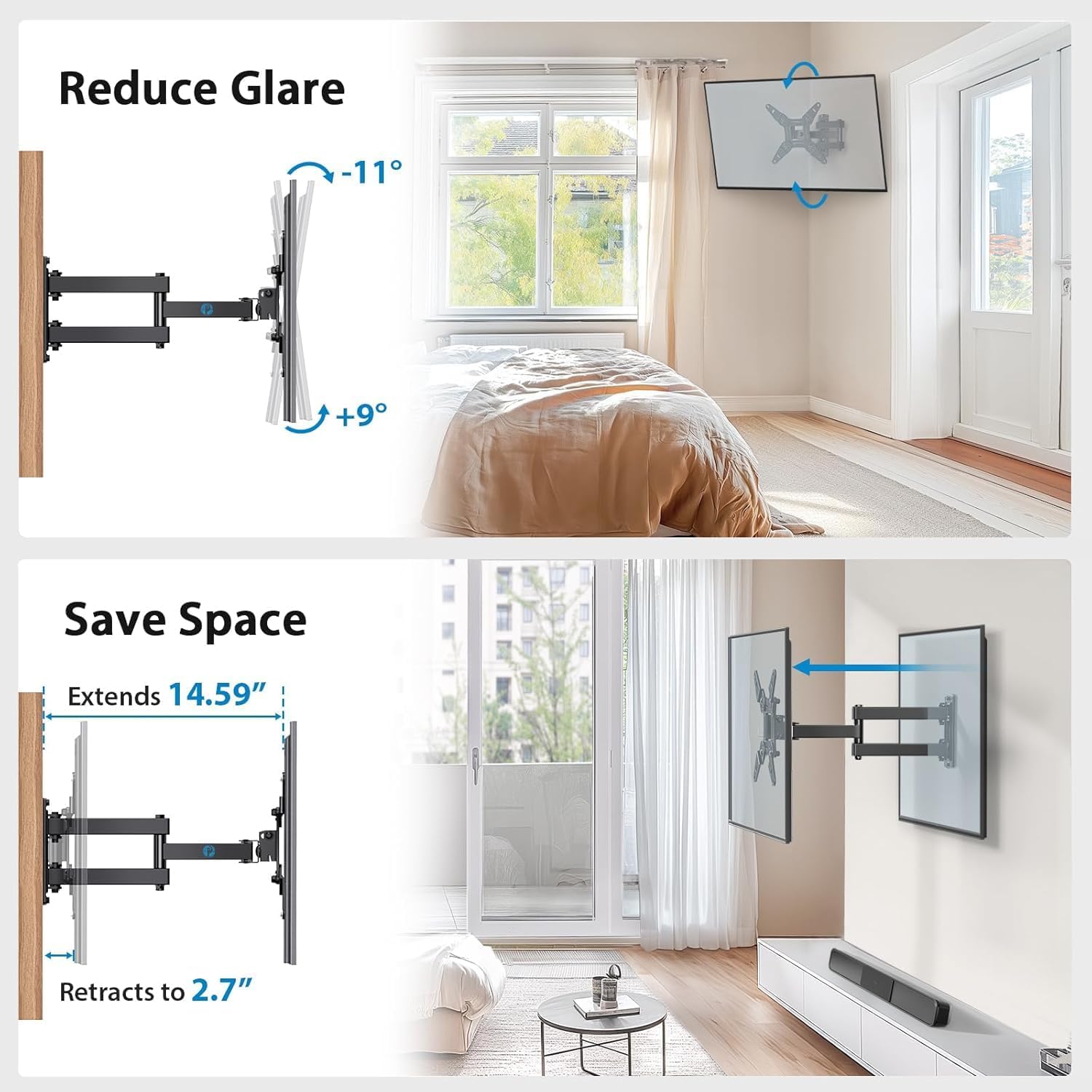 Pipishell Full Motion TV Wall Mount for Echo Show 21/15 and 13-42 Inch Flat Curved Screen TVs & Monitors, Max VESA 200x200mm up to 44lbs, TV Mount Wall Bracket with Rotation Swivel Tilt Extension