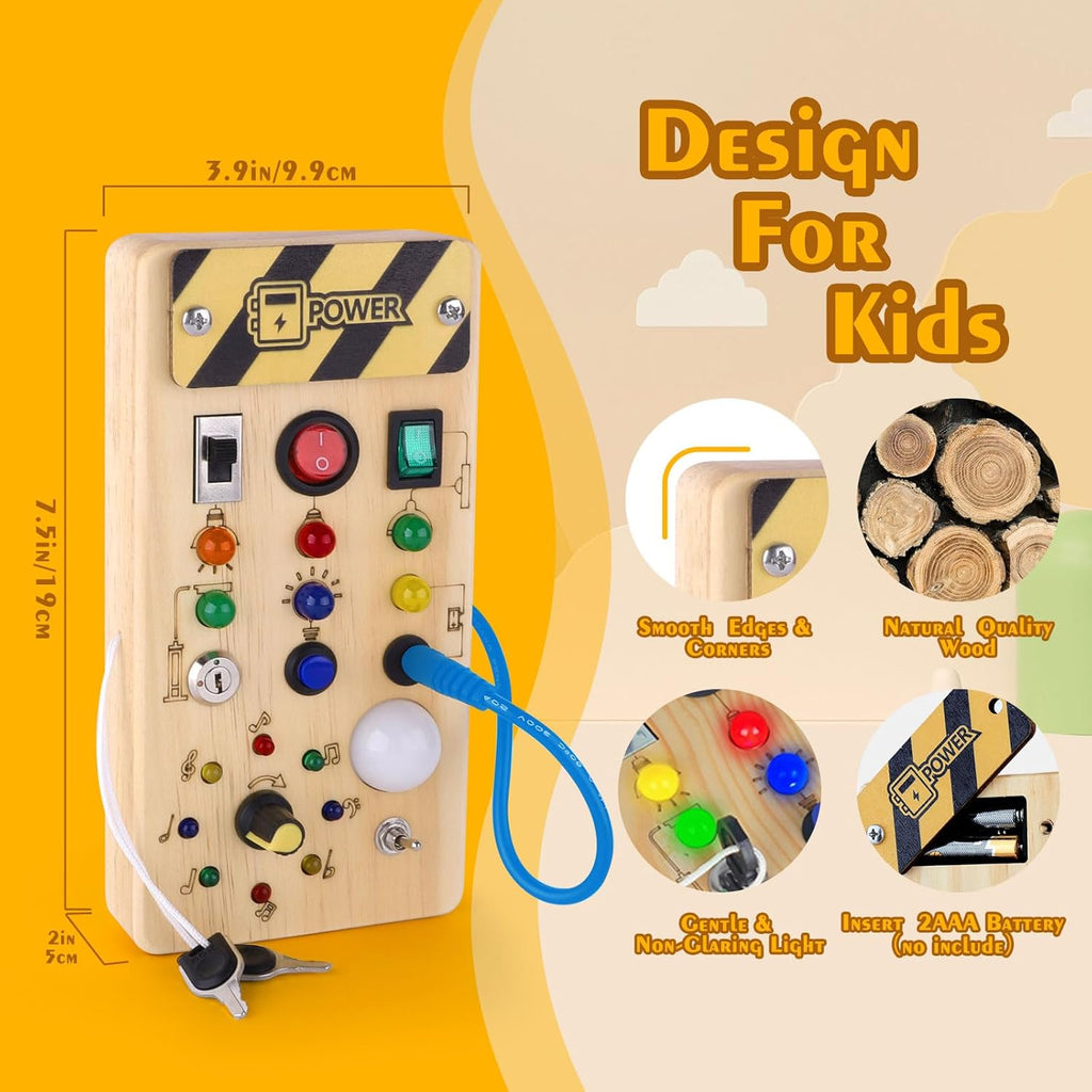 Hoarosall Montessori Wooden Busy Board with 8 LED Light switches, Sensory Toys Light Switch Travel Toys for 1+ Year Old Baby and Toddler