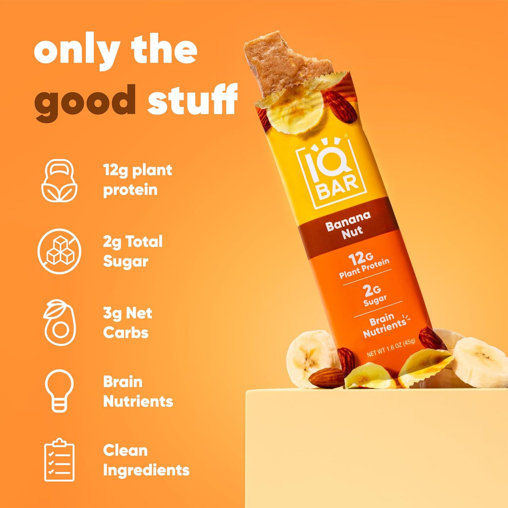 IQBAR Clean Plant Protein Bars - Banana Nut - 12 Count - Keto, Vegan, High Fiber, Gluten and Dairy Free, Low Sugar Snack - Brain and Body Nutrients for Focus, Energy, Meal Replacement
