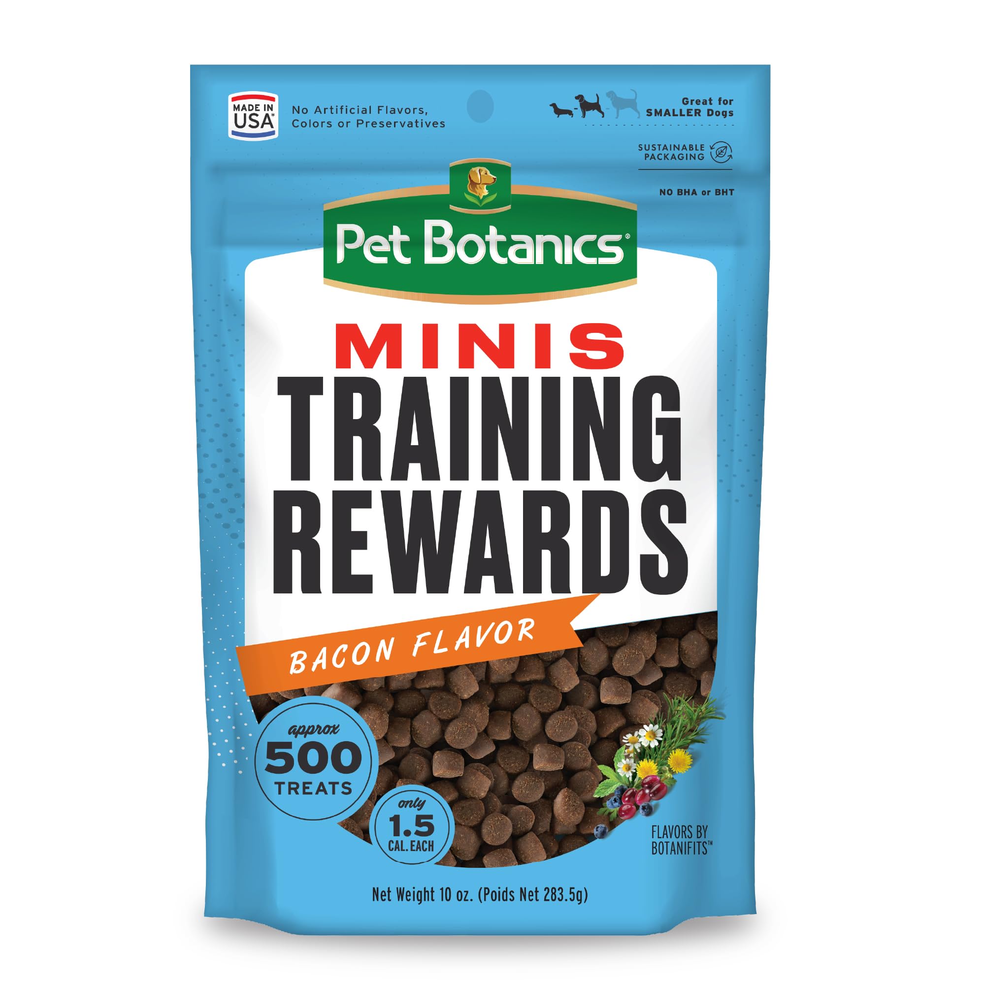 Pet Botanics 10 oz. Pouch Training Rewards Mini Soft & Chewy, Bacon Flavor, with 500 Treats Per Bag, The Choice of Top Trainers