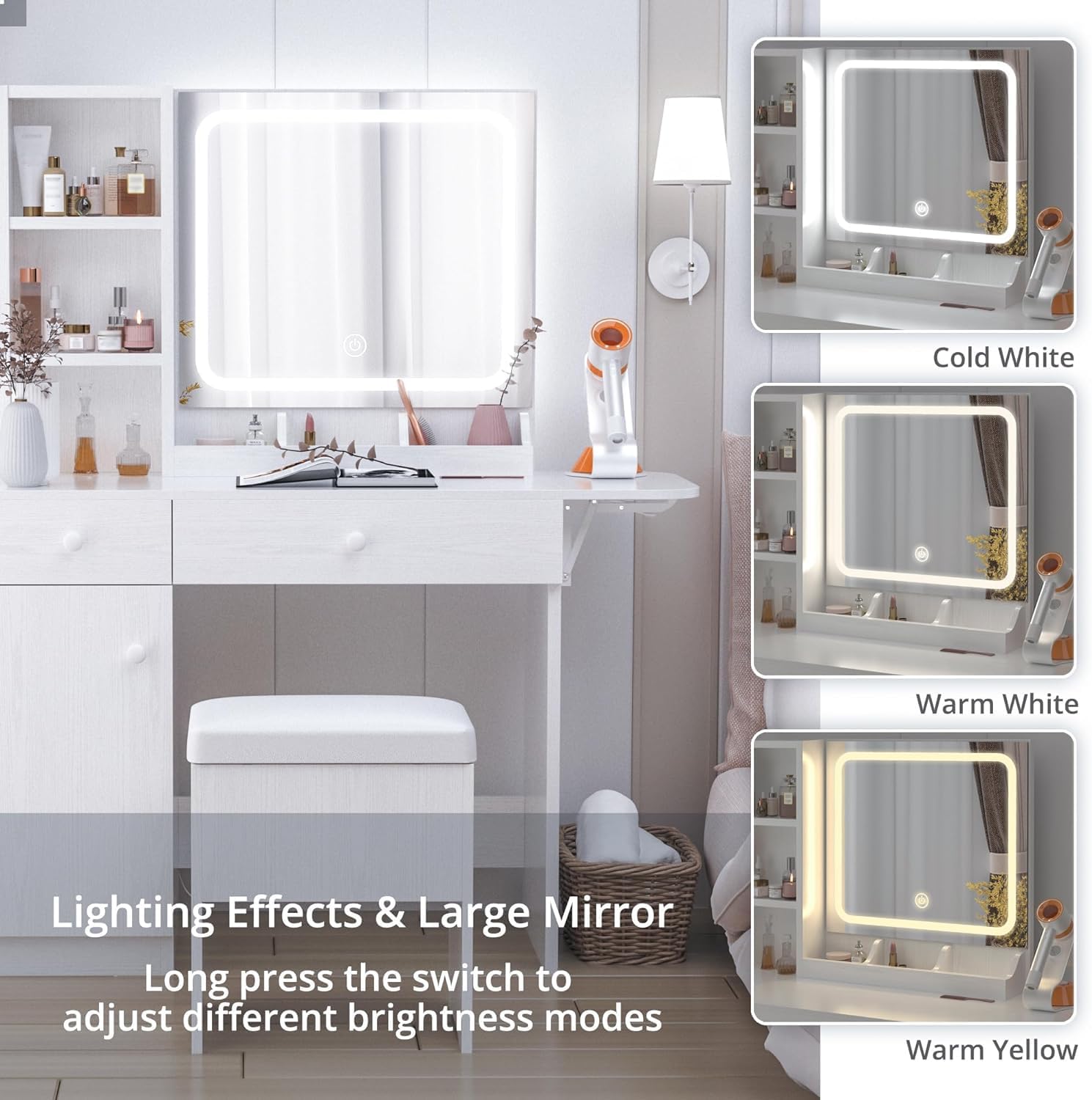 IRONCK Vanity Desk with LED Lighted Mirror & Power Outlet, Makeup Table with Drawers & Cabinet,Storage Stool, White