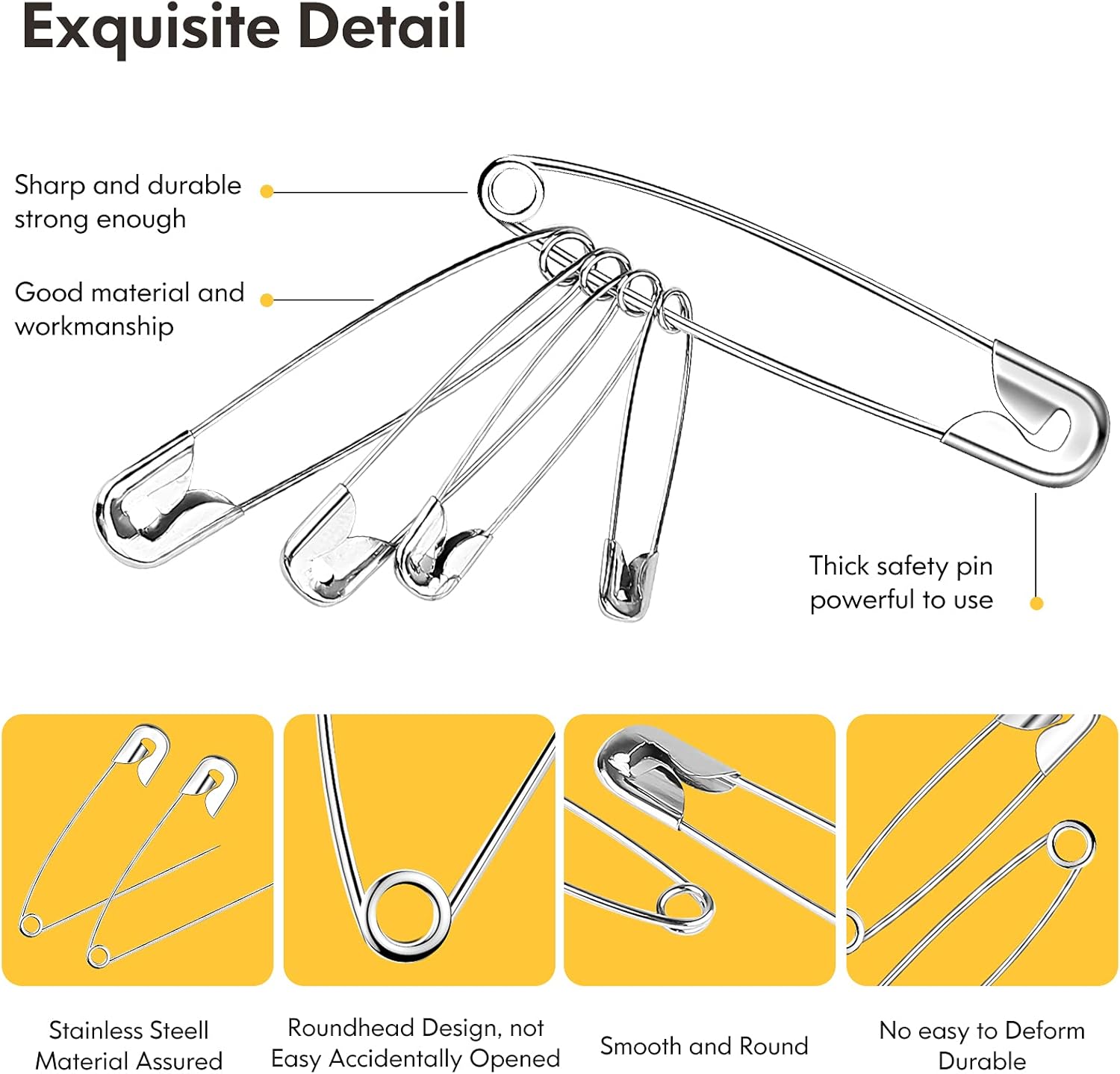 Huhuhero 160Pcs Safety Pins, Large & Small Safety Pins for Clothes Sewing Craft, Nickel Plated Steel Assorted Size Pins Bulk, Art and Craft Supplies (Sliver)