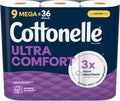 Cottonelle Ultra Comfort Toilet Paper, 9 Mega Rolls = 36 Regular Rolls, Packaging May Vary