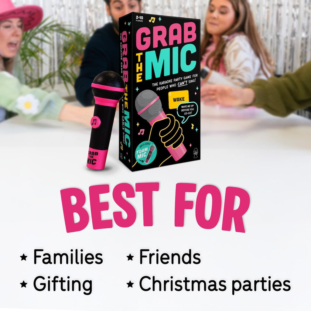 Lucky Egg Official Grab The Mic – Family Karaoke Board Game w/Foam Mic, 8+ Ages, 2-10 Players - Games for Bad Singers w/ 240 Lyrics (120 Cards) (First Edition)