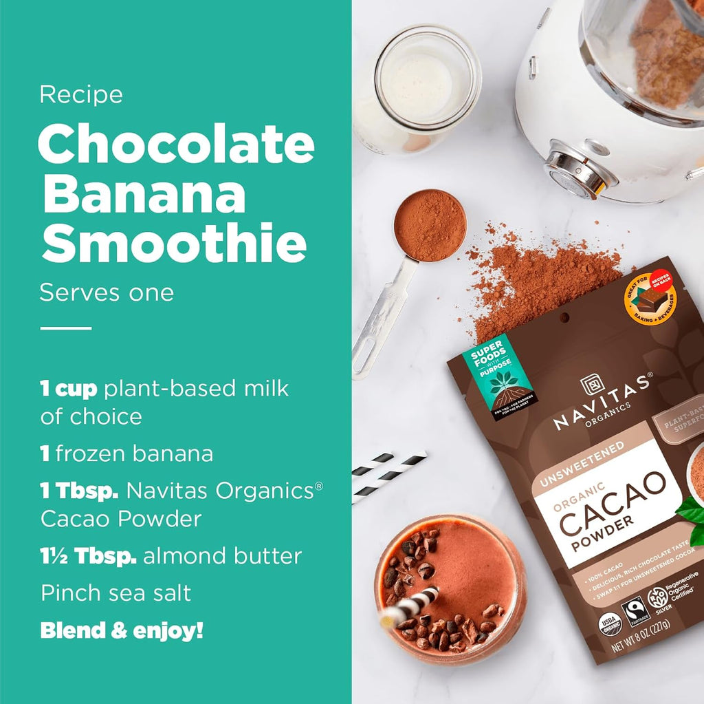 Navitas Organics Cacao Powder - Cocoa Powder Substitute 1:1, For Hot Chocolate, Baking & More - Regenerative Organic Certified, Non GMO, Fairtrade, Gluten Free, Non-alkalized (24oz. Bag, 113 Servings)