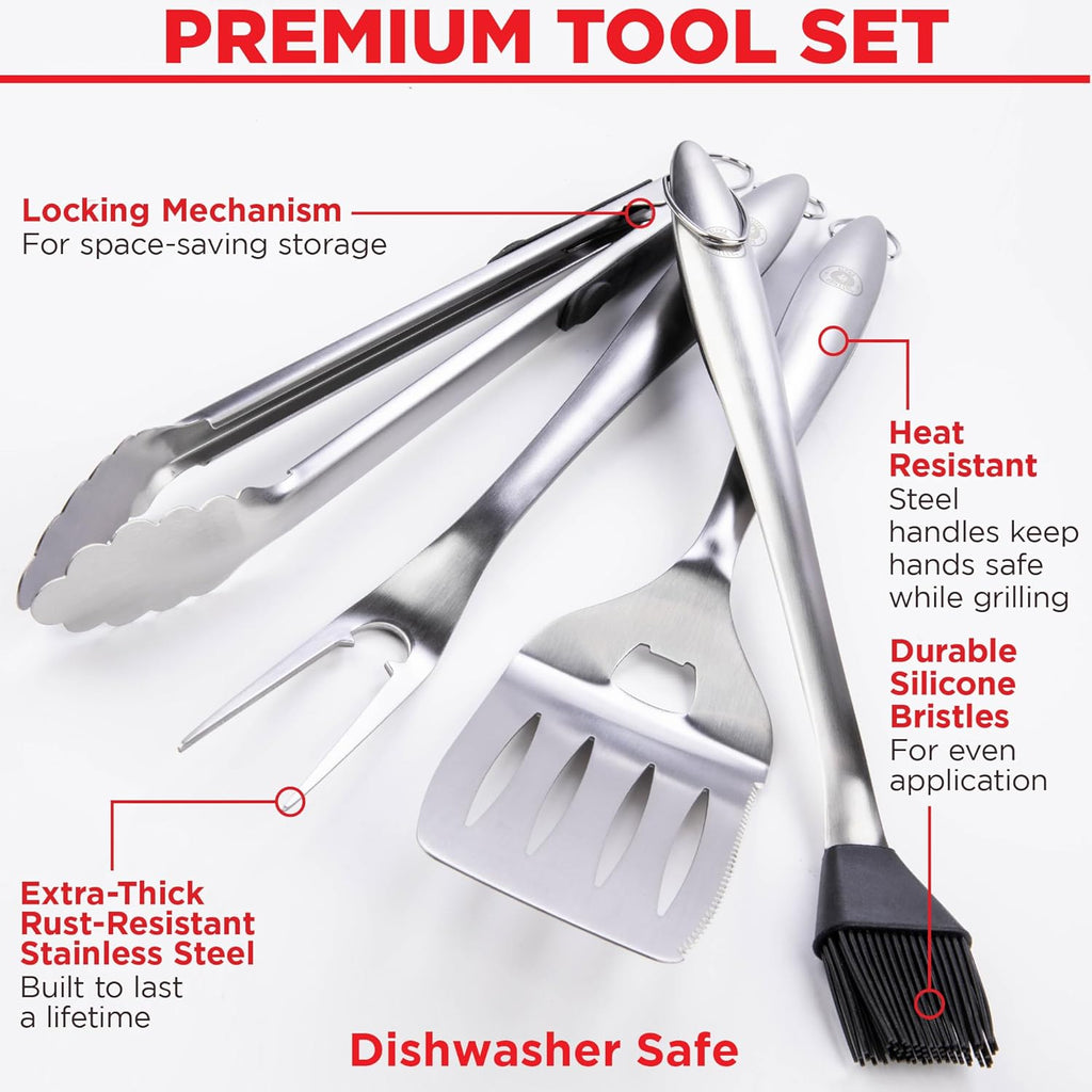 Alpha Grillers Grilling Accessories - Grilling Gifts for Men - BBQ Accessories Grill Tools Set with Spatula, Fork, Brush & Tongs - Outdoor Barbecue Utensils Gifts for Men Dad Him Boyfriend