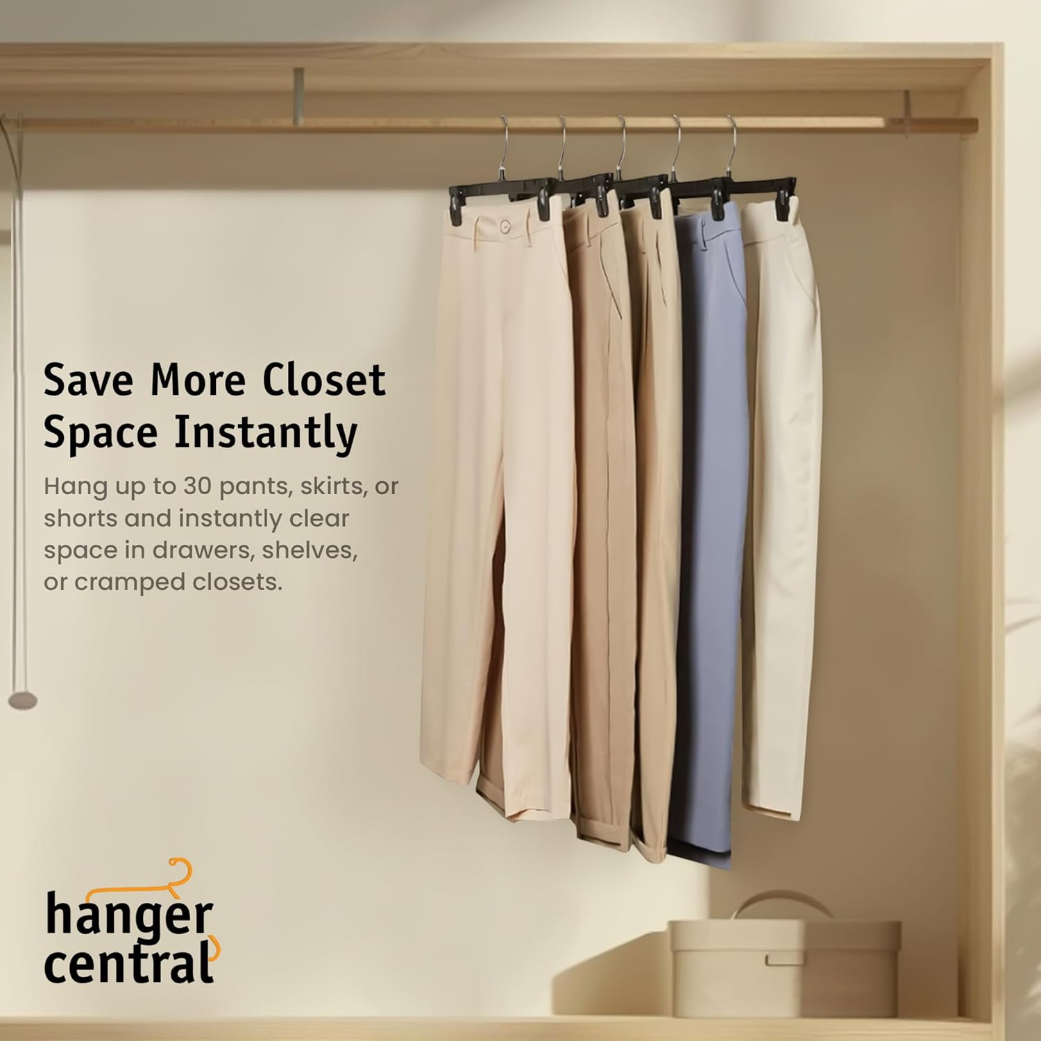 Hanger Central 30 Pack Pants Hangers – 12 Inch Slim Plastic Clothes Hangers with Clips for Skirts, Shorts & Trousers – Non Slip Grip, Heavy Duty Space Saver with Swivel Hook – Black Closet Organizer