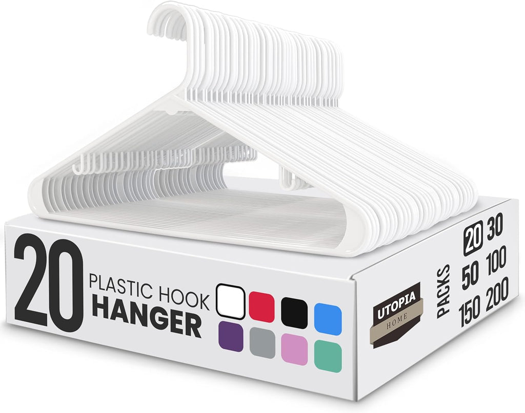 Utopia Home Plastic Hangers 20 Pack - Space Saving Clothes Hanger - Durable & Strong Closet Organizers and Storage with Built-in Strap Hooks - Essential for Shirts, Pants, Skirts & Coats (White)