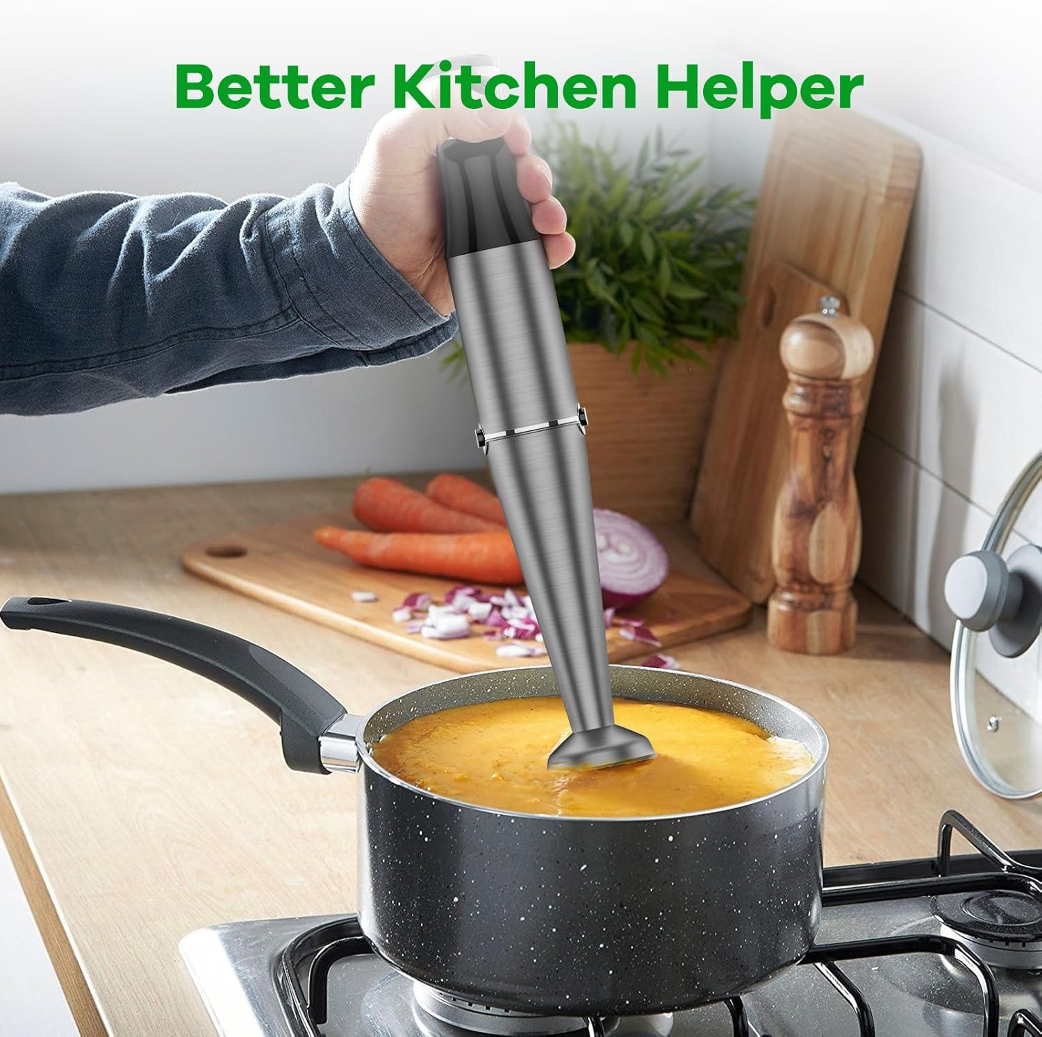 Immersion Blender Handheld Corded Hand Blenders Set 1100W, Trigger Variable Speed 5 in 1 Stick Emulsifier with Chopper, Whisk and Frother for Soup, Baby Food and Smoothies