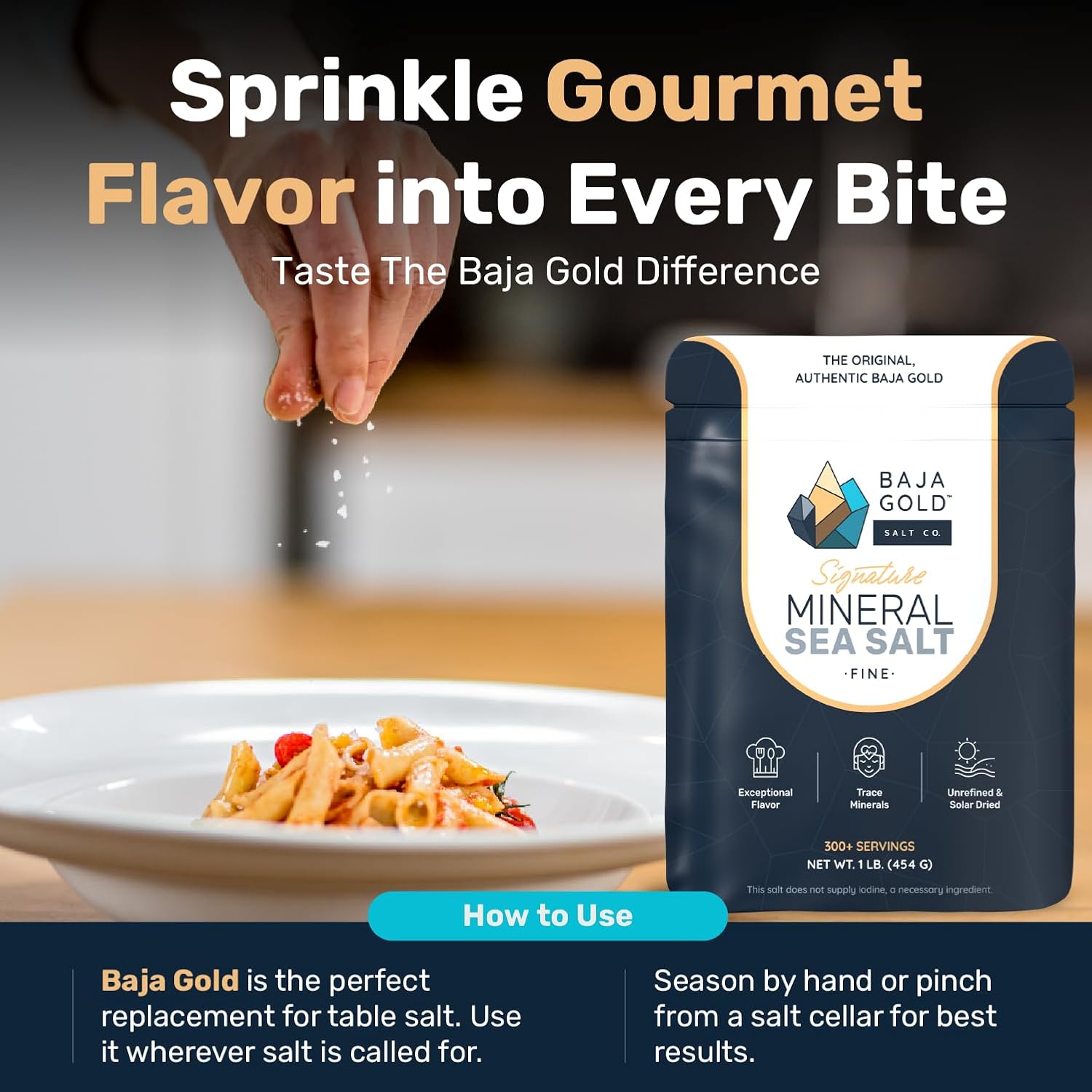 Baja Gold Mineral Sea Salt - Recommended by Gary Brecka - Fine Grind Salt for Cooking & Baking | Natural Baja Salt for Culinary Uses | Great for Finishing Dishes | 1 lb. Resealable Bag, 300+ Servings.