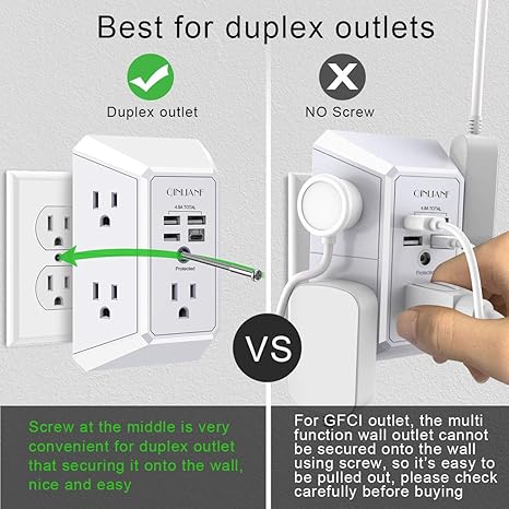 USB Wall Charger, Surge Protector, QINLIANF 5 Outlet Extender with 4 USB Charging Ports (4.8A Total) 3-Sided 1680J Power Strip Multi Plug Outlets Wall Adapter Spaced for Home Travel Office(2U2C),White